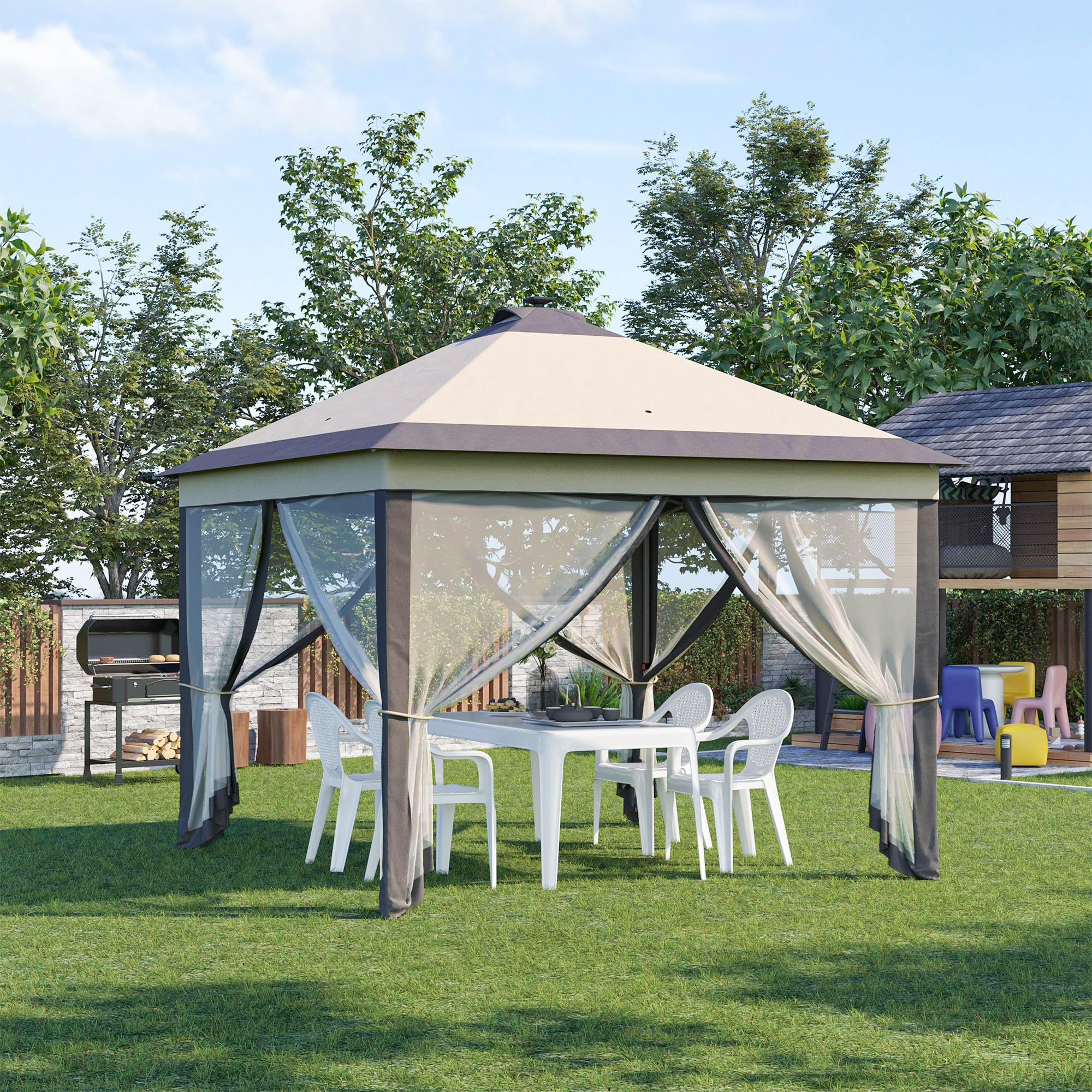 Outsunny Carpa Plegable con Luces LED 3,3x3,3 m Cenador de Jardín con Control Remoto 4 Paredes Laterales de Malla Altura Ajustable y Bolsa de Transporte para Patio Fiestas Beige