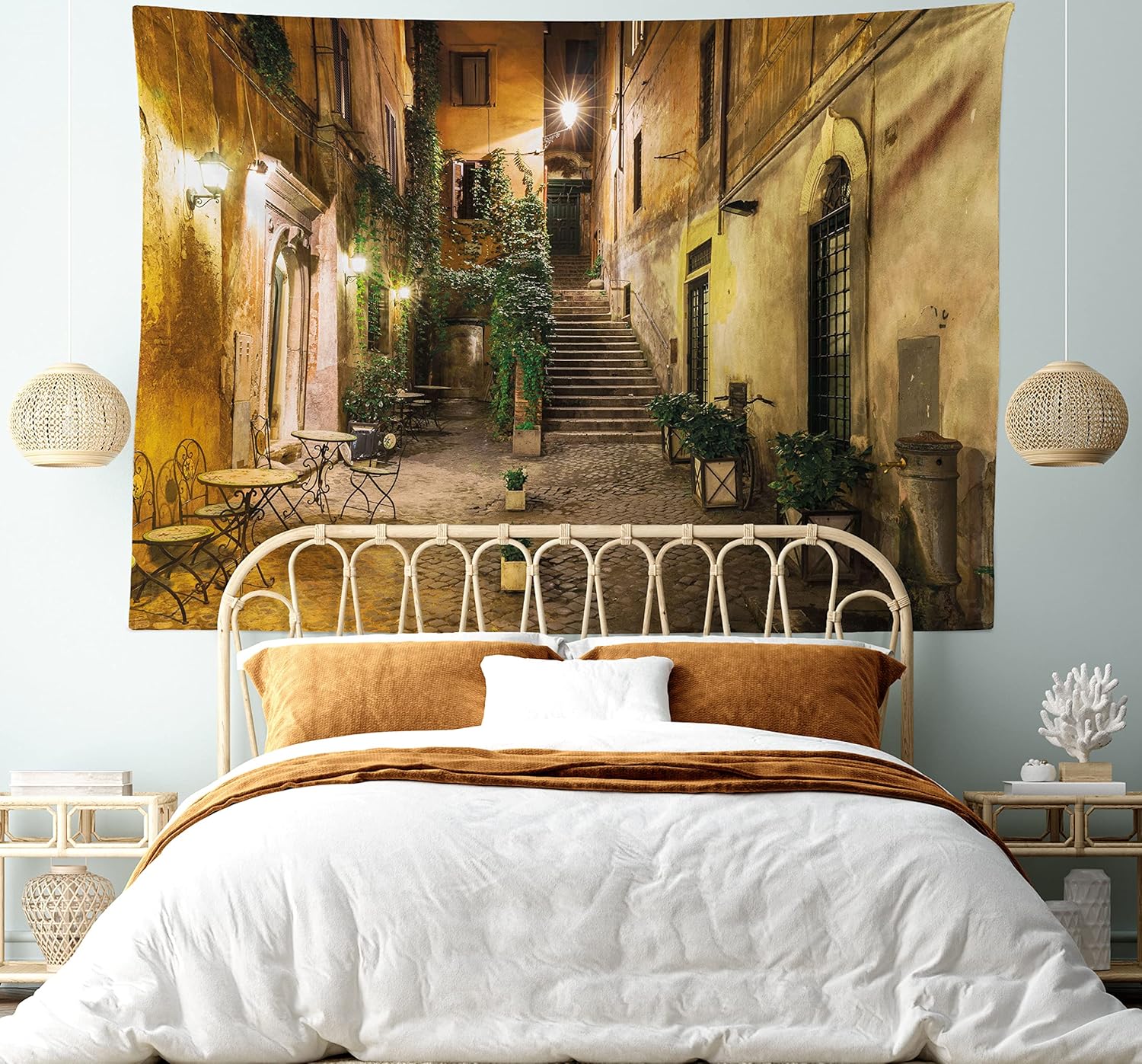 Ambesonne Italian Tapestry, Old Courtyard Rome Italy Cafe Chairs City Historic Houses in Street, Wide Wall Hanging for Bedroom Living Room Dorm, 80" X 60", Pale Yellow Green Orange