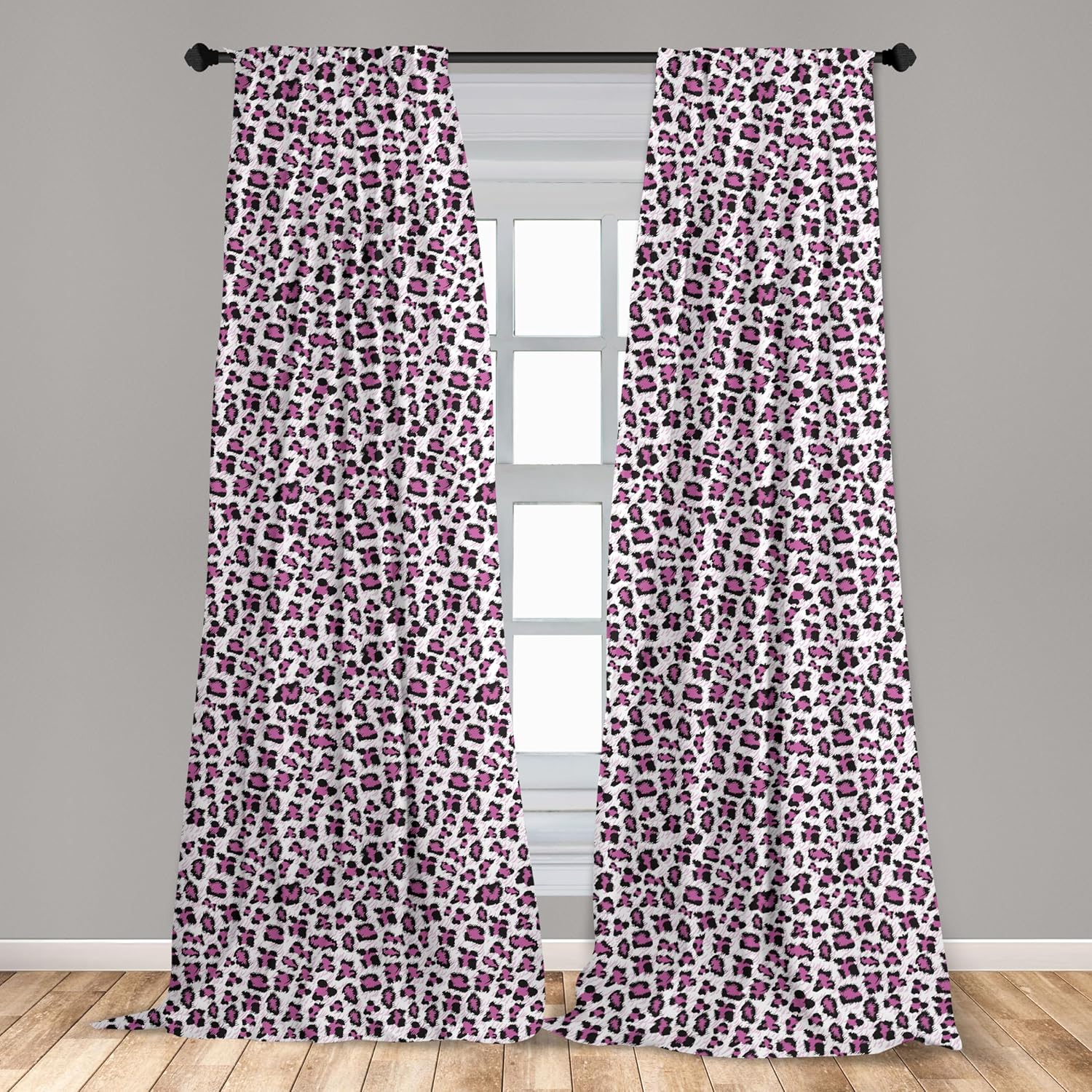 Ambesonne Leopard Print Curtains, Pink and Black Colored Girlish Pattern Savannah Savannah Wildlife Theme, Window Treatments 2 Panel Set for Living Room Bedroom, Pair of - 28" x 84", Charcoal White