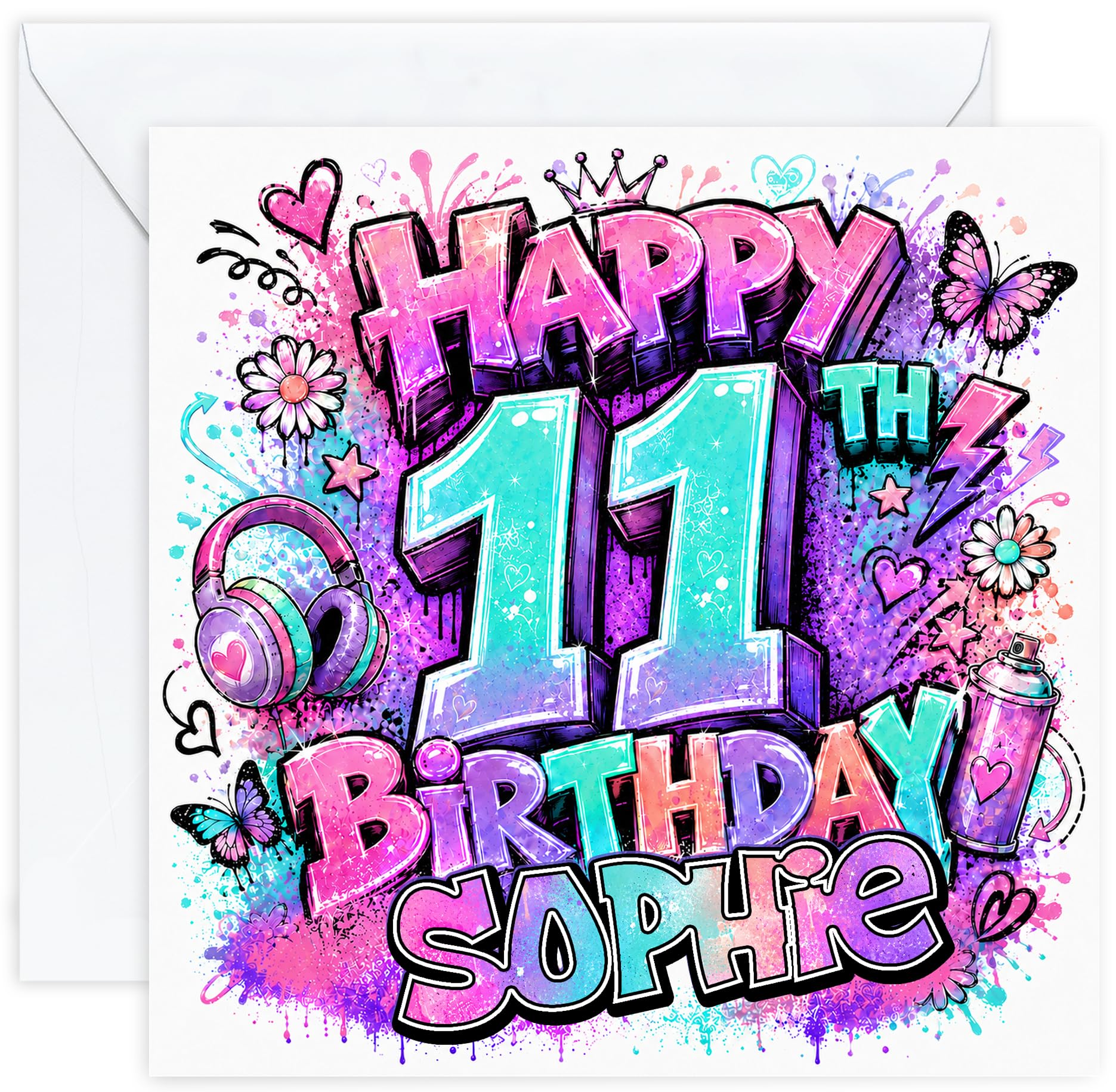 Personalised 11th Birthday Card for Girl | Graffiti Birthday Card for 11 Year Old Girls | Add Her Name | Daughter Granddaughter Niece Sister | Optional Printed Inside Message