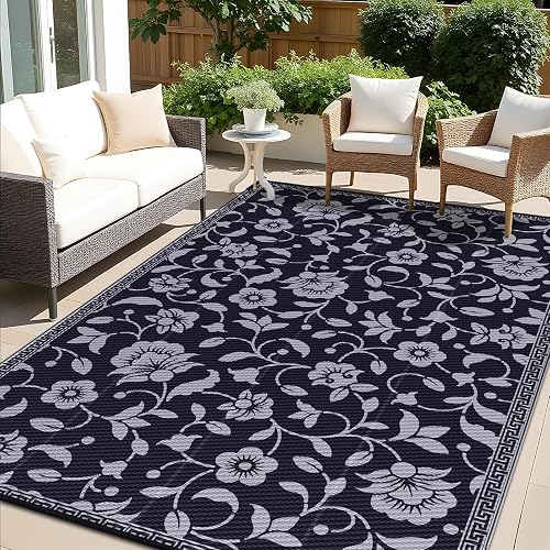 OLANLY 6x9 Waterproof Reversible Floral Mat (Black & Grey)