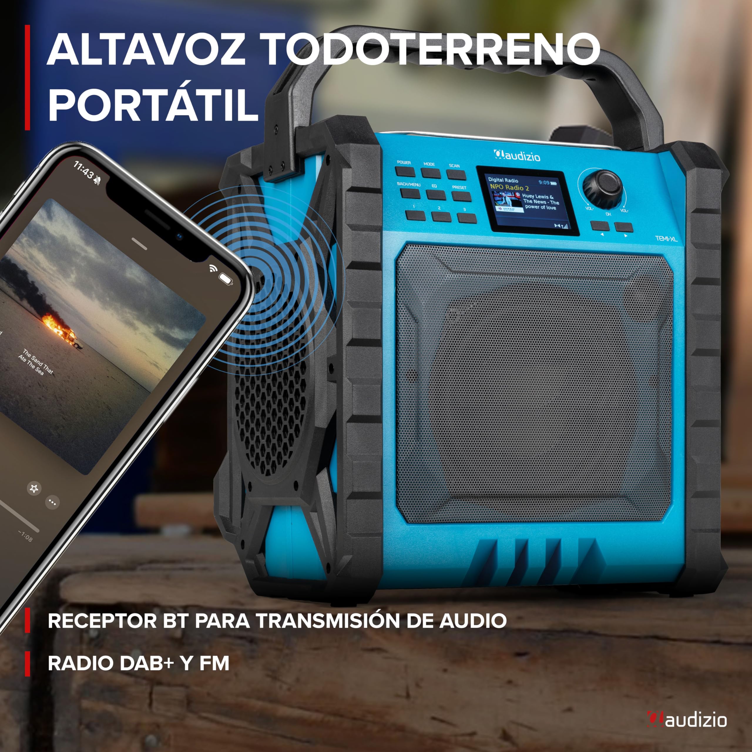 Audizio TEMI XL – Radio de Obra con Bluetooth Dab+ y FM, IP54, batería con duración de hasta 15h, Bandeja magnética y Compartimento para el movil, 200W, Ideal para Taller, jardín, Obra Exterior.