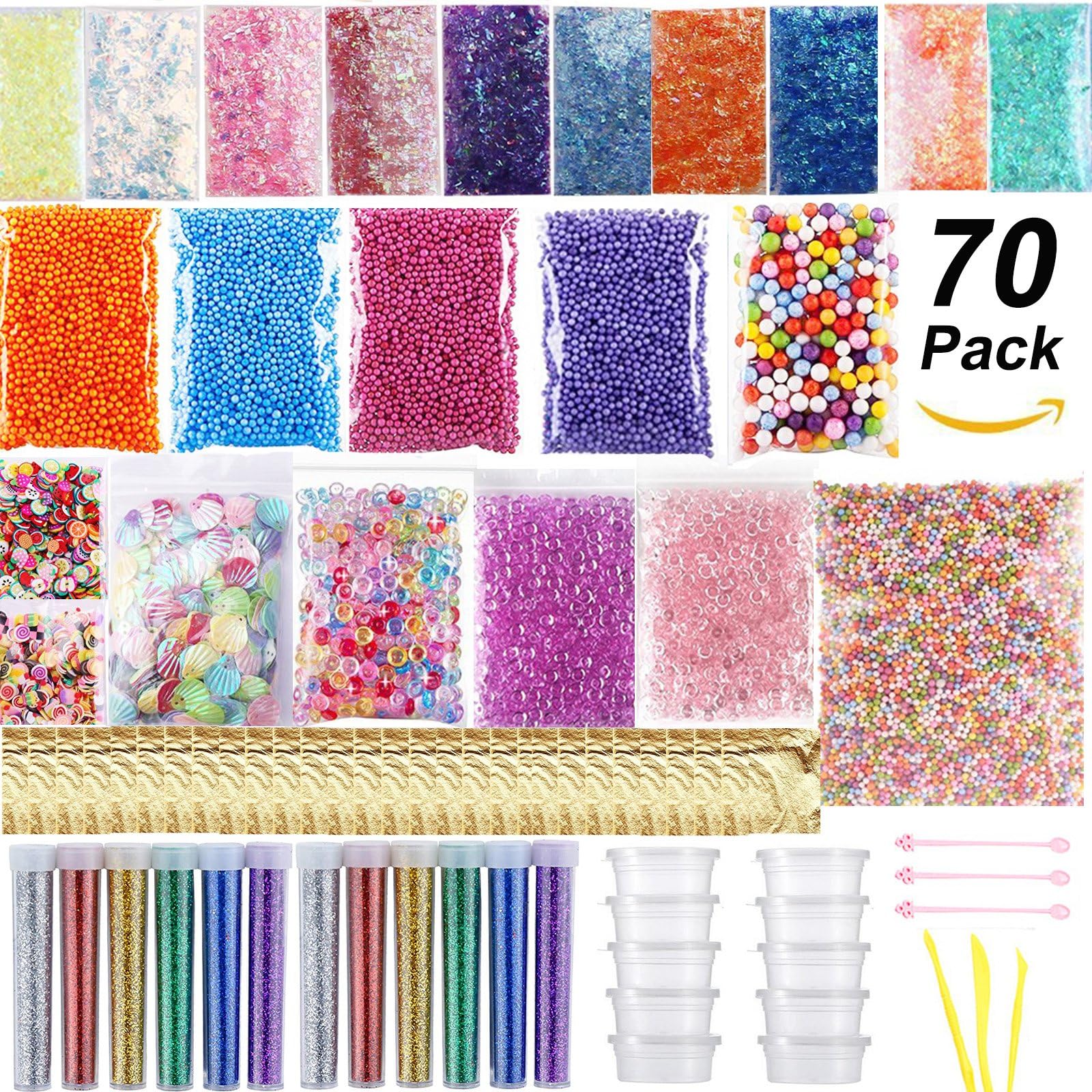 Slime Supplies Kit for DIY Slime, 70 Pack Slime Charms Foam Balls, Fishbowl Beads, Gold Leaf, Glitter Jars, Shell, Containers, Fruit Cake Slice, Sugar Paper Accessories Tools for Kids Making Art Craft