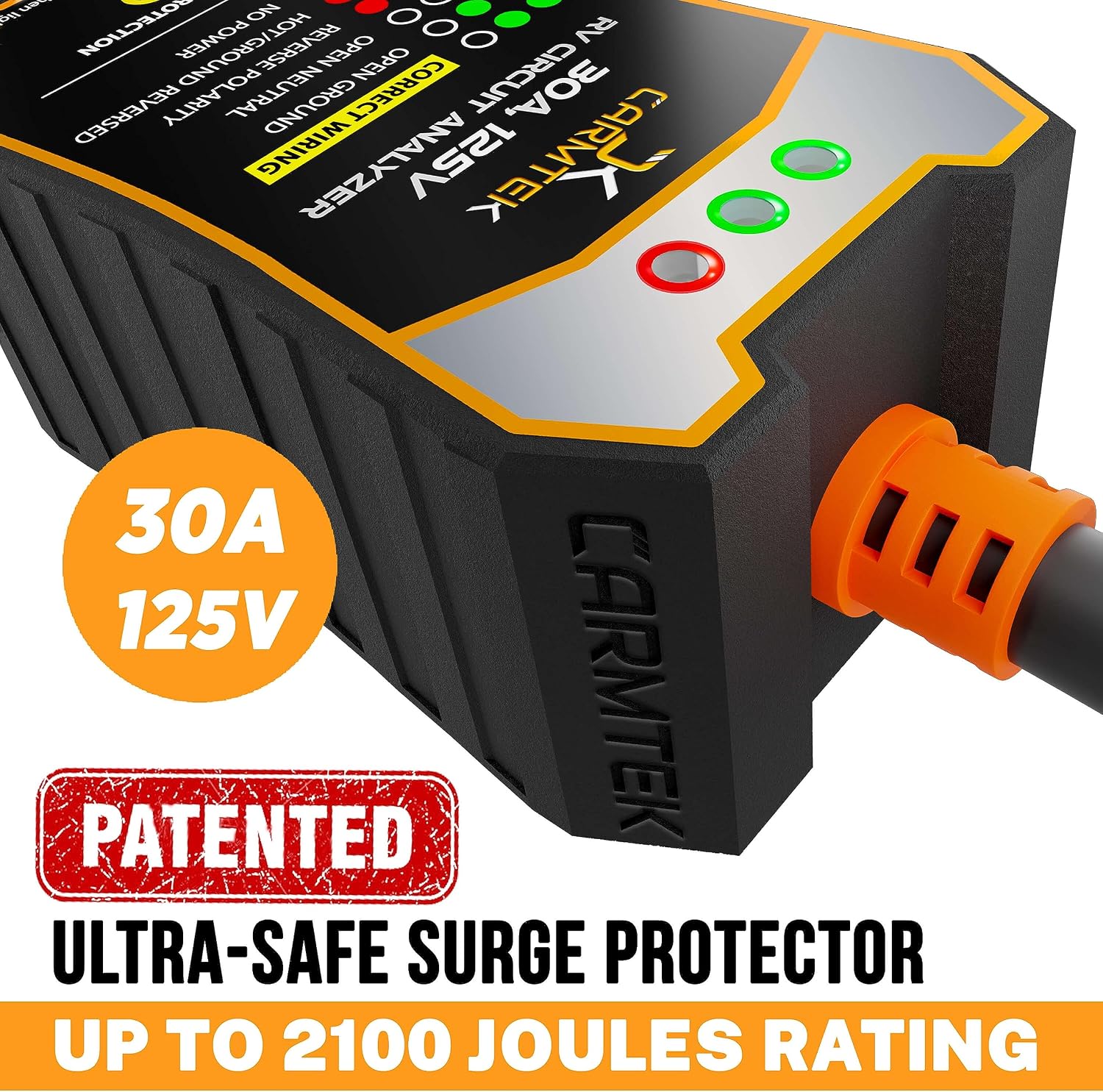 CARMTEK RV Surge Protector 30 Amp - RV Circuit Analyzer with Integrated Smart 30 Amp Surge Voltage Protection with Grip Handles