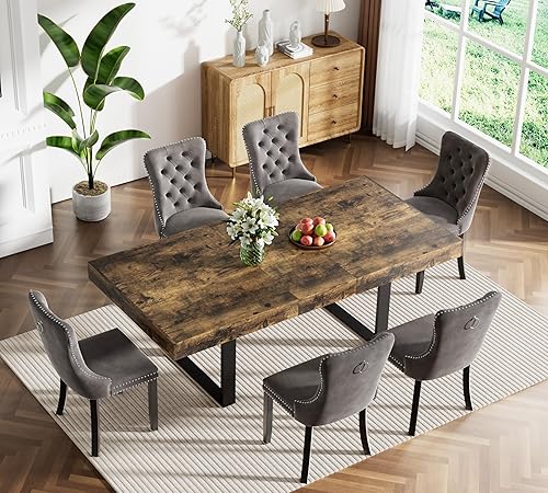 Miniatura 2 de Goujxcy Juego de mesa de comedor extensible de 7 piezas para 6, 63-78 pulgadas, juego de mesa de cocina marrón rústico con 6 sillas grises copetudas