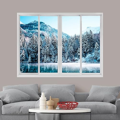 Miniatura 2 de wall26 Adhesivo mural de pared removible para decoración de habitación de bosques, vista de ventana, temporada nevada de invierno, bosque de montaña