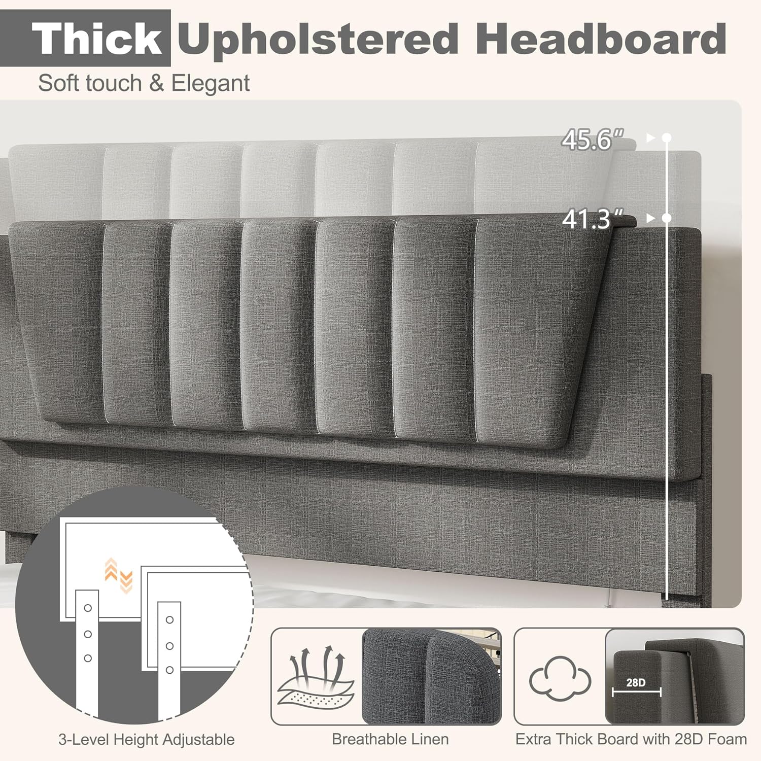 Full Size LED Platform Bed Frame with Soft-Glow Mood Lighting & Adjustable Upholstered Headboard, Modern Linen Bed with Storage Drawers, Heavy Duty Metal Support, No Box Spring Needed, Grey