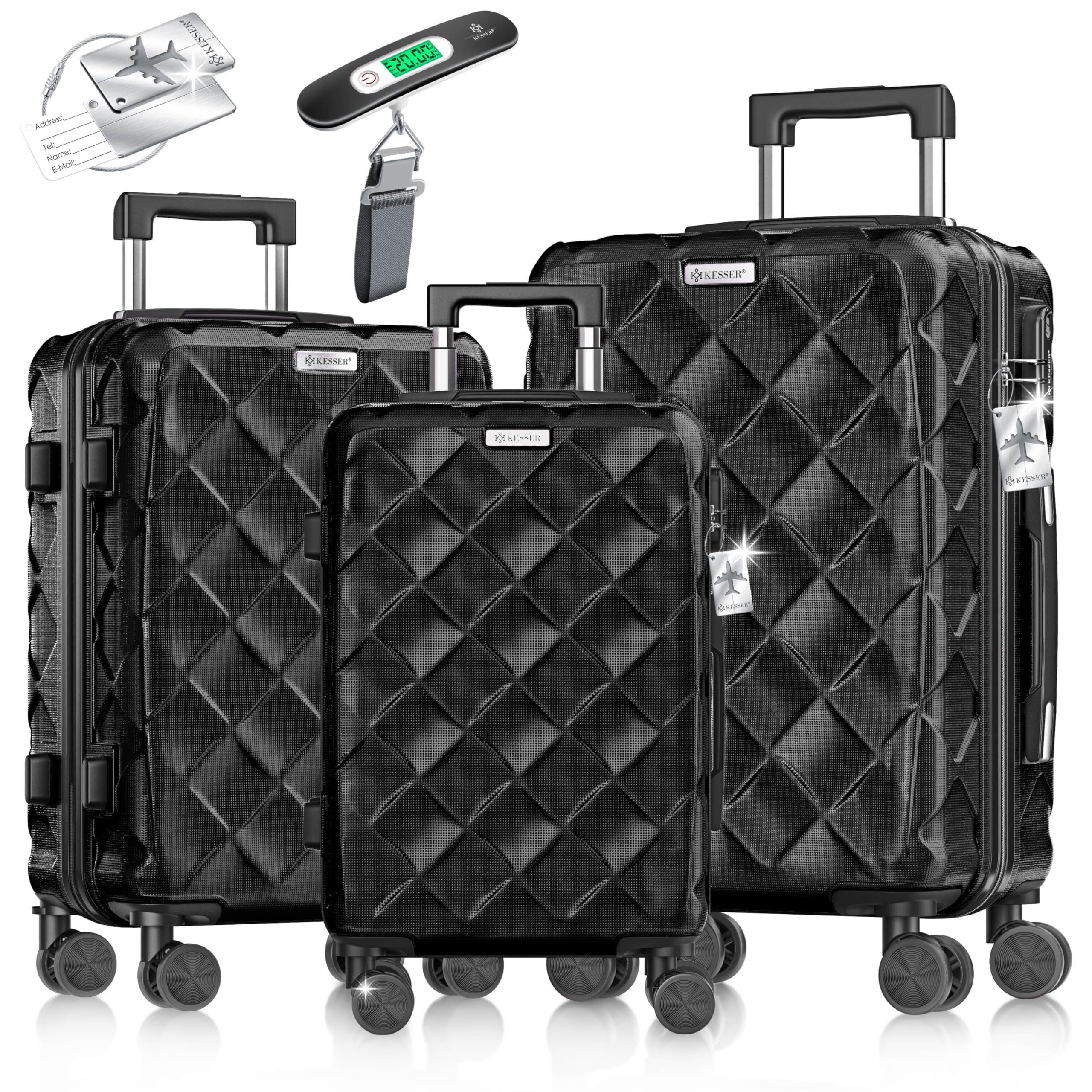 KESSER® Reisekoffer Set 3-teilig | Kofferset ABS Hartschalenkoffer mit Zahlenschloss, Kofferwaage & Reisebrieftasche 360° Rollen | Handgepäck & große Koffer für Business & Reise Trolley Schwarz