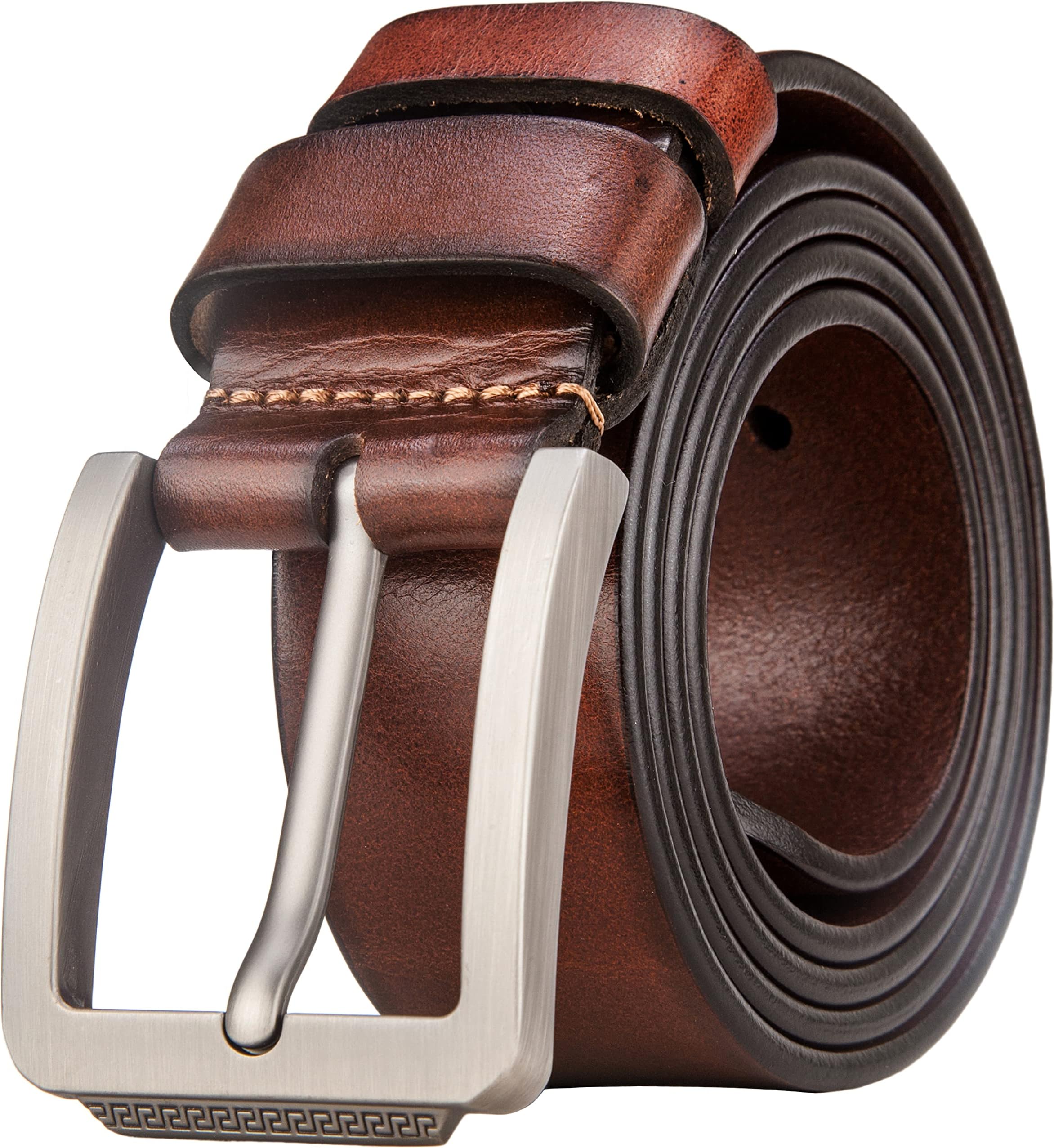 Mens Belt Thick Full Grain Leather Belts 1.5" Wide Great for Casual Jeans Dress Work, Adjustable Classic Belt Trim to Fit