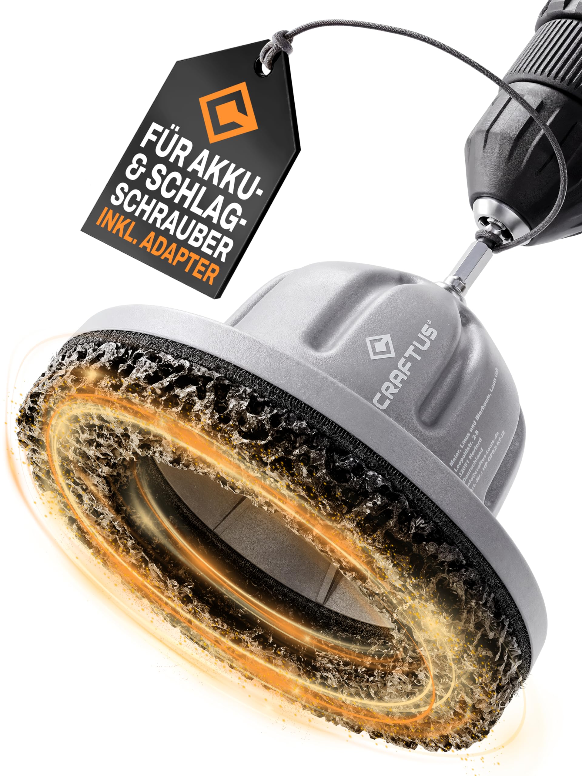 CRAFTUS® Radnabenschleifer Auto mit Adapter für Akkuschrauber | Nabenreiniger Auto für Schlagschrauber inkl. Schleifscheibe Ø150mm | Nabenschleifer für schnelle Reinigung der Radnabe