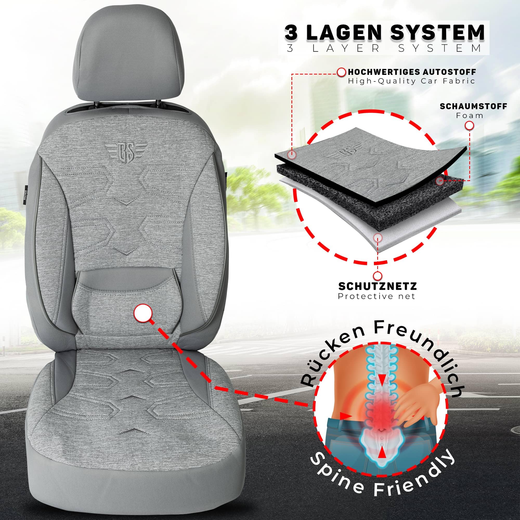 Autositzbezüge Universal für PKW, SUV – Premium Vordersitzbezüge Grau, hochwertig verarbeitet für mehr Sitzkomfort, Airbag-kompatibel, Schonbezüge für Fahrer & Beifahrersitz mit Rückentasche