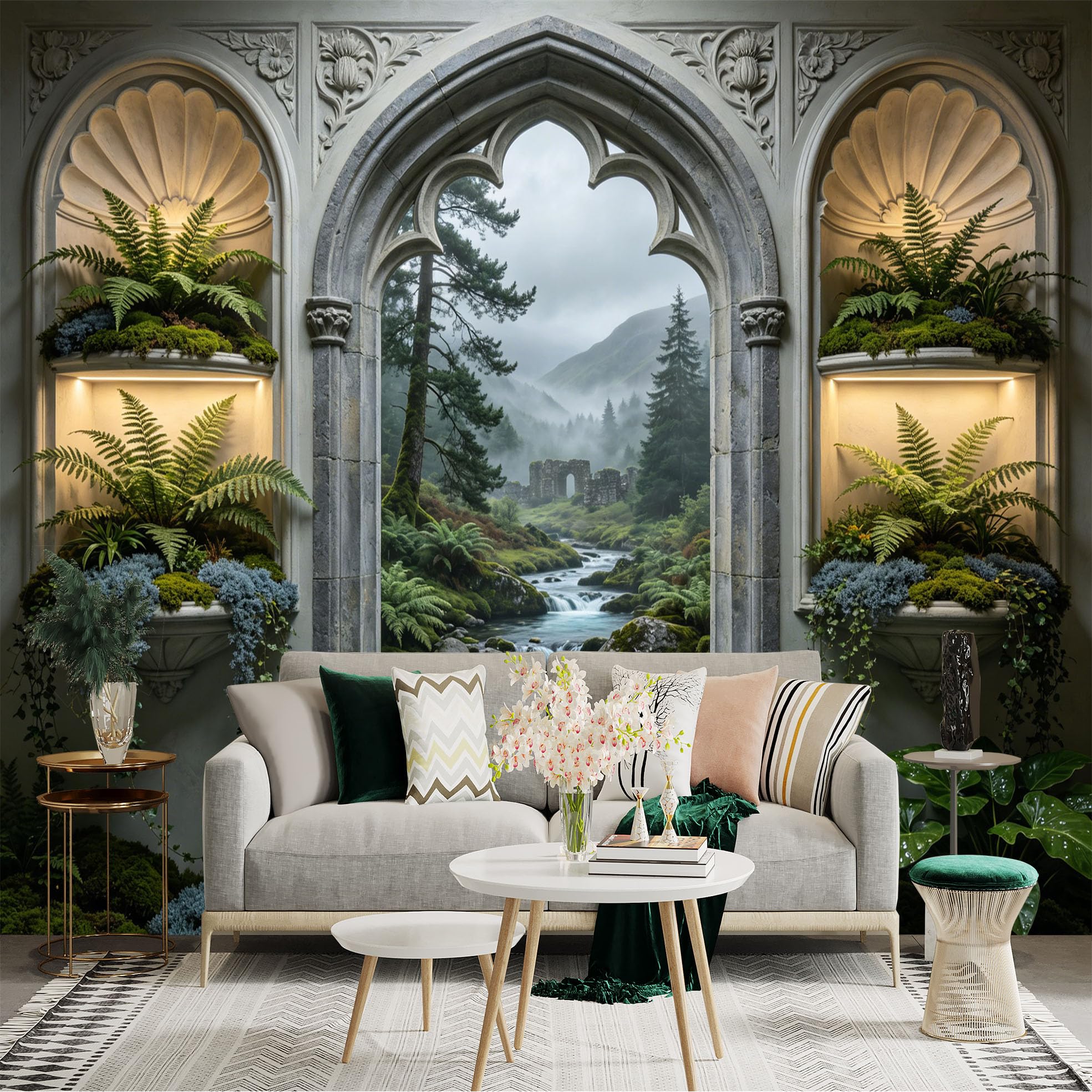 Custom Size Wall Sticker Mural， Gothic Window View of Misty Forest River and Ancient Ruins， for wall Decoration， peelandstick wall Decals.