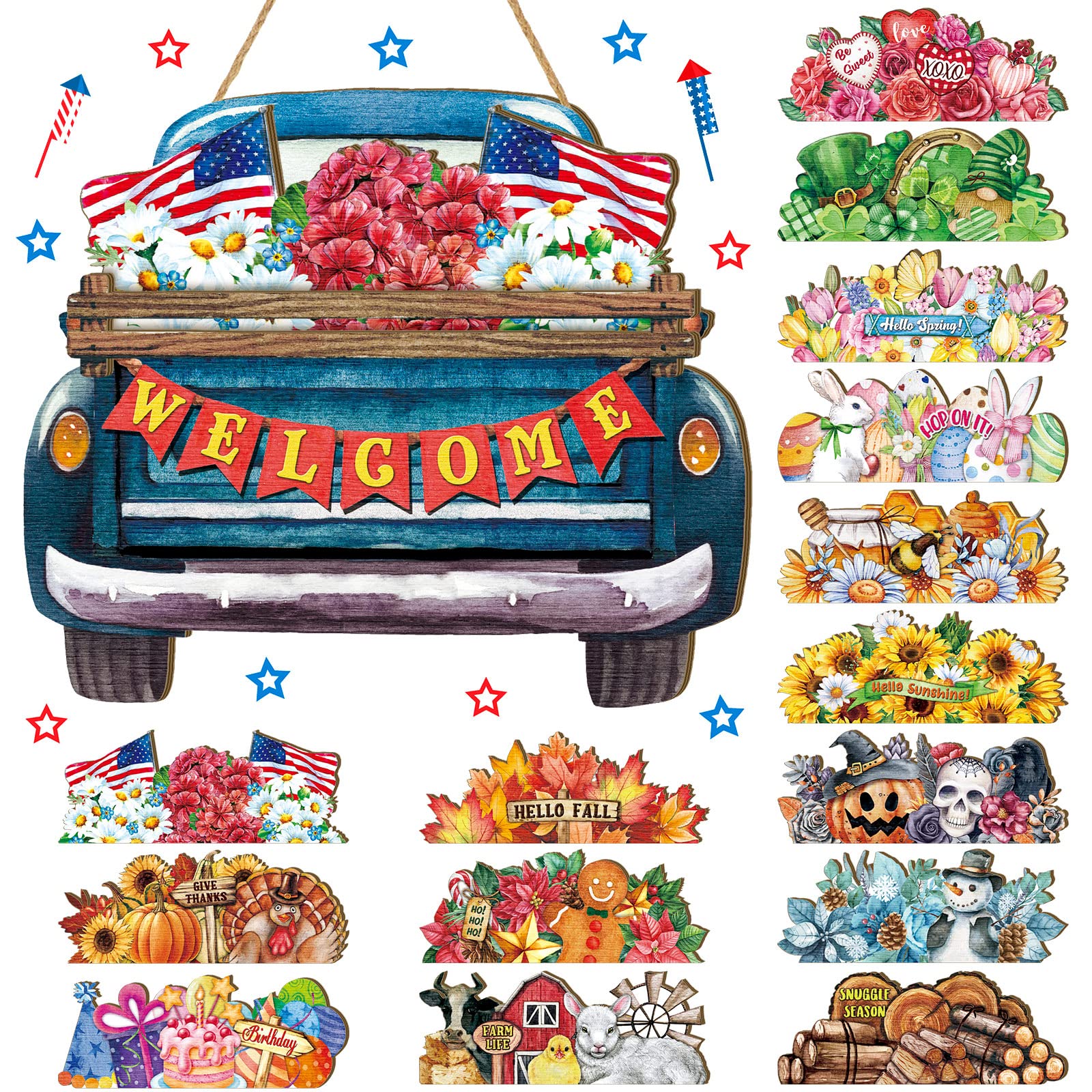 Kigley Seasonal Interchangeable Welcome Sign for Front Door Farmhouse Truck Hanging Signs Rustic Holiday Decor with 15 Holiday Icons for Christmas Thanksgiving Party