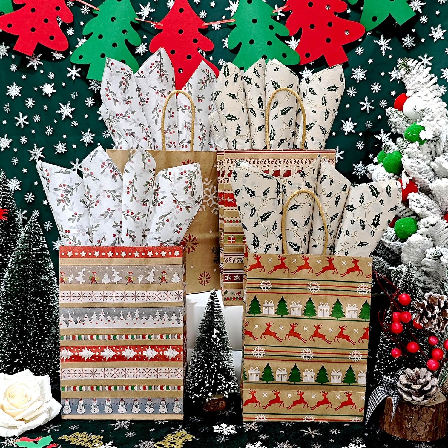 LIAPAWPAW 60 Sheets Christmas Tissue Paper, Vintage Holly Berry Printed Xmas Tissue Paper for Gift Bags Packaging, Kraft Brown Boho Gift Wrapping Tissue Paper for Holiday Birthday Winter Party,20x14in