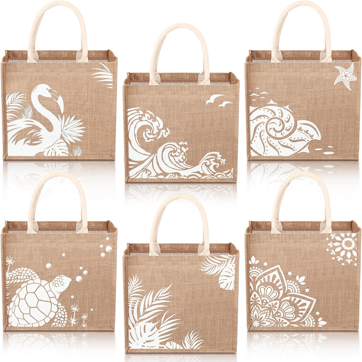 Coume 6 Pack Beach Burlap Tote Bags Bulk Large Beach Jute Tote Bag with Handles 14.2" x 12.6" x 7.5" for DIY Bridesmaid Gift(Main White)