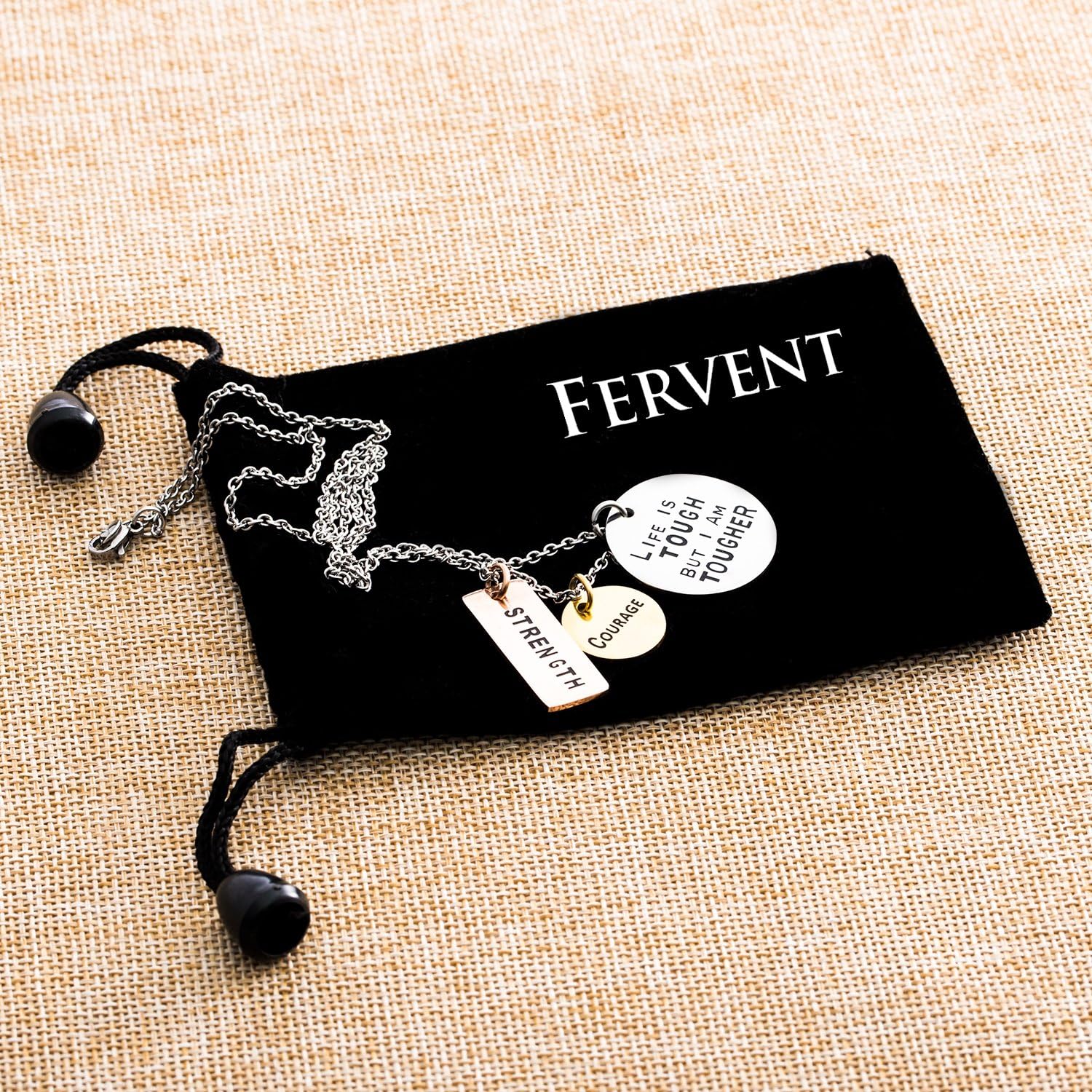 Fervent Inspirational Tag Necklace [Love - Courage - Strength] Tri-Toned Stamped Plates on Link Chain Necklace - Image 4