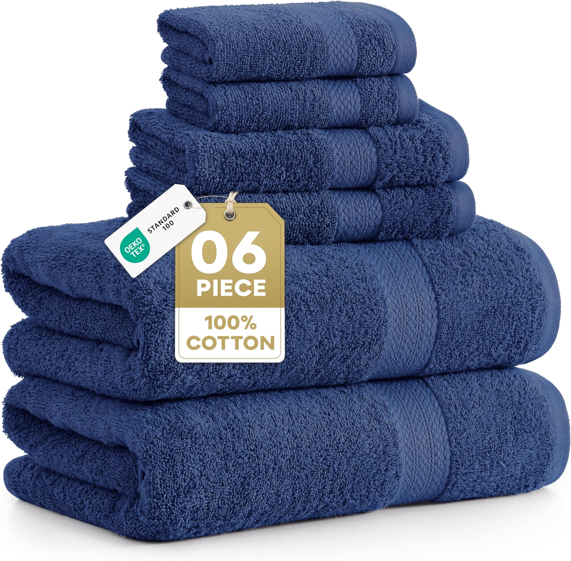 Luxury Cotton Bath Towel Set - 6 Piece - Low Twist, Soft & High Absorbency - 2 Bath, 2 Wash cloths, 2 Hand Towels - Classic Hotel Quality, Durable & Ideal for Modern Bathrooms - Navy Blue
