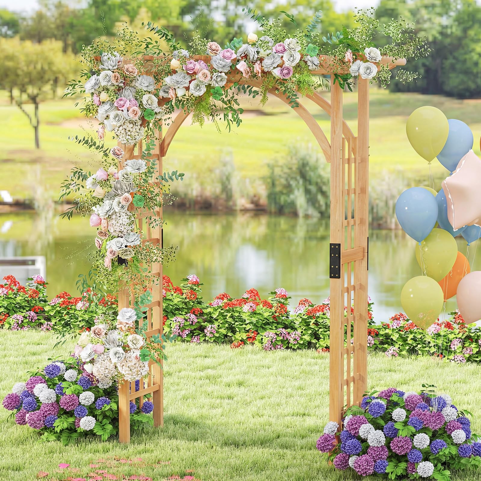 FANTASK Gartenbogen Holz, 160 x 60 x 213 cm, Rosenbogen mit Dach für Kletterpflanzen & hängende Körbe, Rankbogen Tannenholz, Rankgitter für Garten, Hochzeit, Party (Natur)