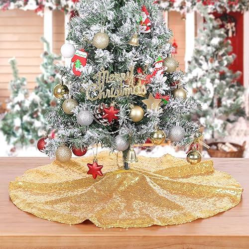 Miniatura 130 de Falda de árbol de Navidad de lentejuelas: Falda de árbol de bronce de 24 pulgadas, falda de satén con lentejuelas Falda de árbol pequeño