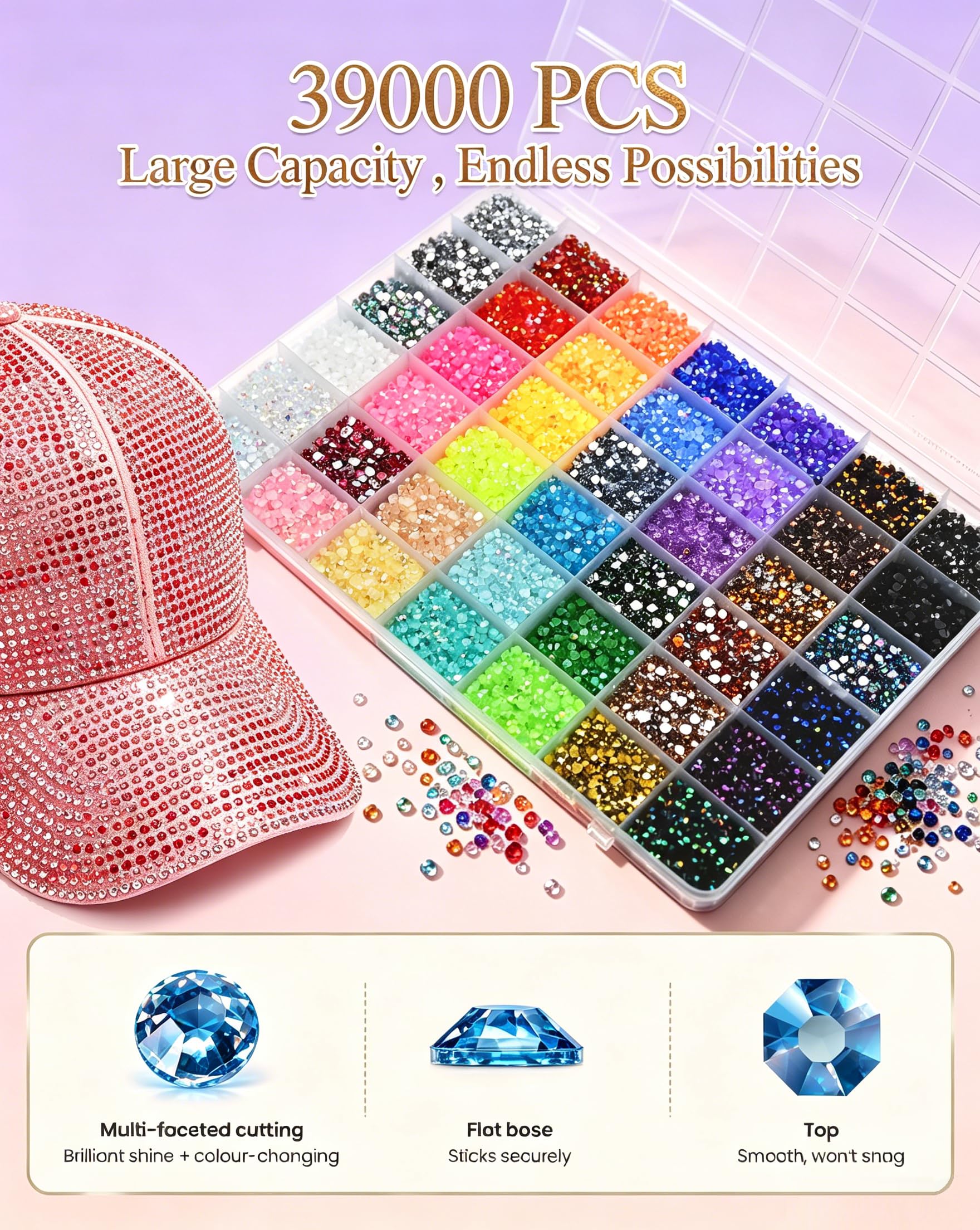42 Farben Glitzersteine, 39000 Stück Strasssteine Bedazzler Kit, Flatback Rhinestones für DIY Bedazzling Nägel Textilien, 4 Klebepatronen, Löffel, Portionierteller Usw, Geschenke für Mädchen