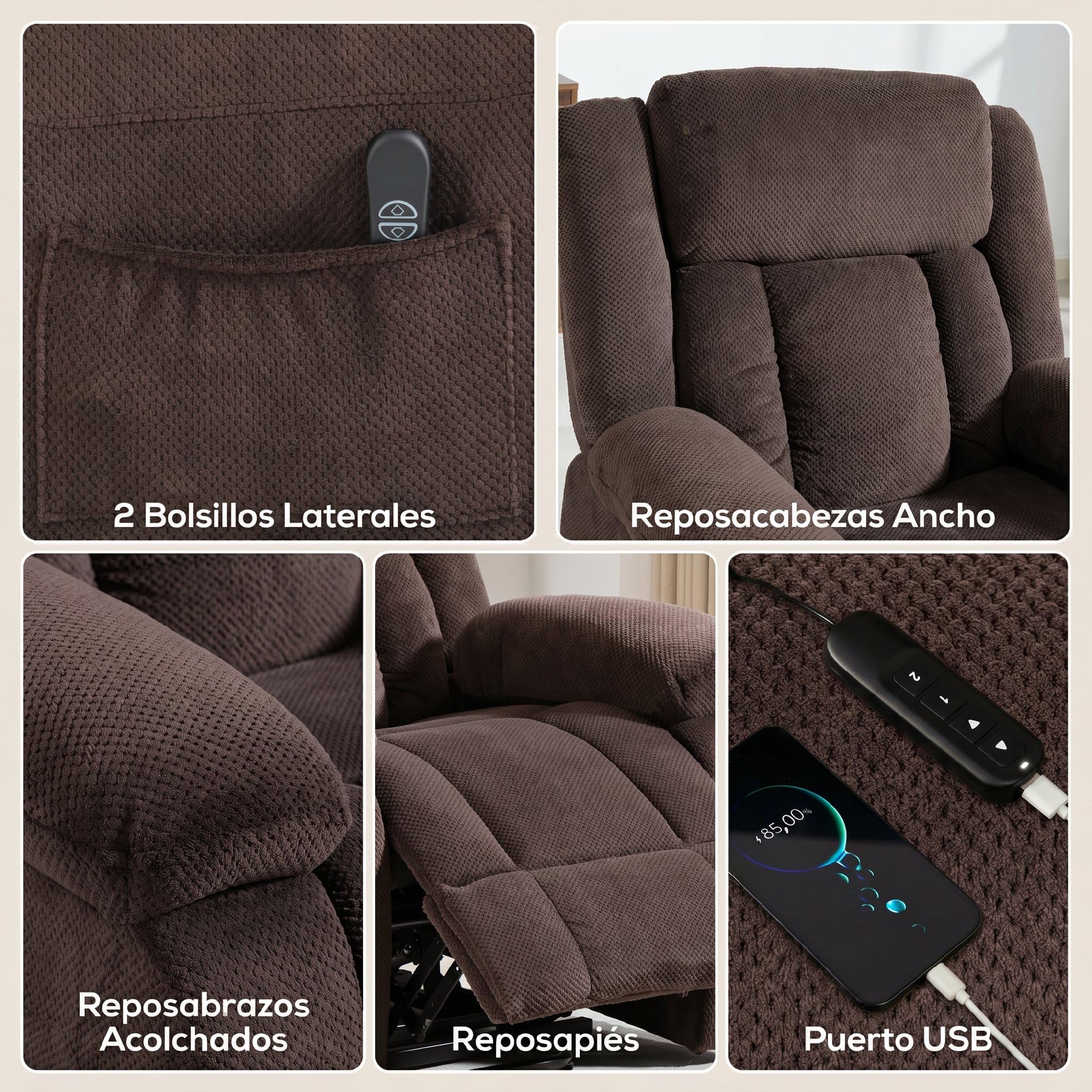 HOMCOM Sillón Relax Reclinable Eléctrico Levanta Personas, con Puerto USB, Sillón Elevador, con Control Remoto, Asiento Ancho, Reposapiés, Tapizado en Terciopelo, Bolsillos Laterales, Marrón