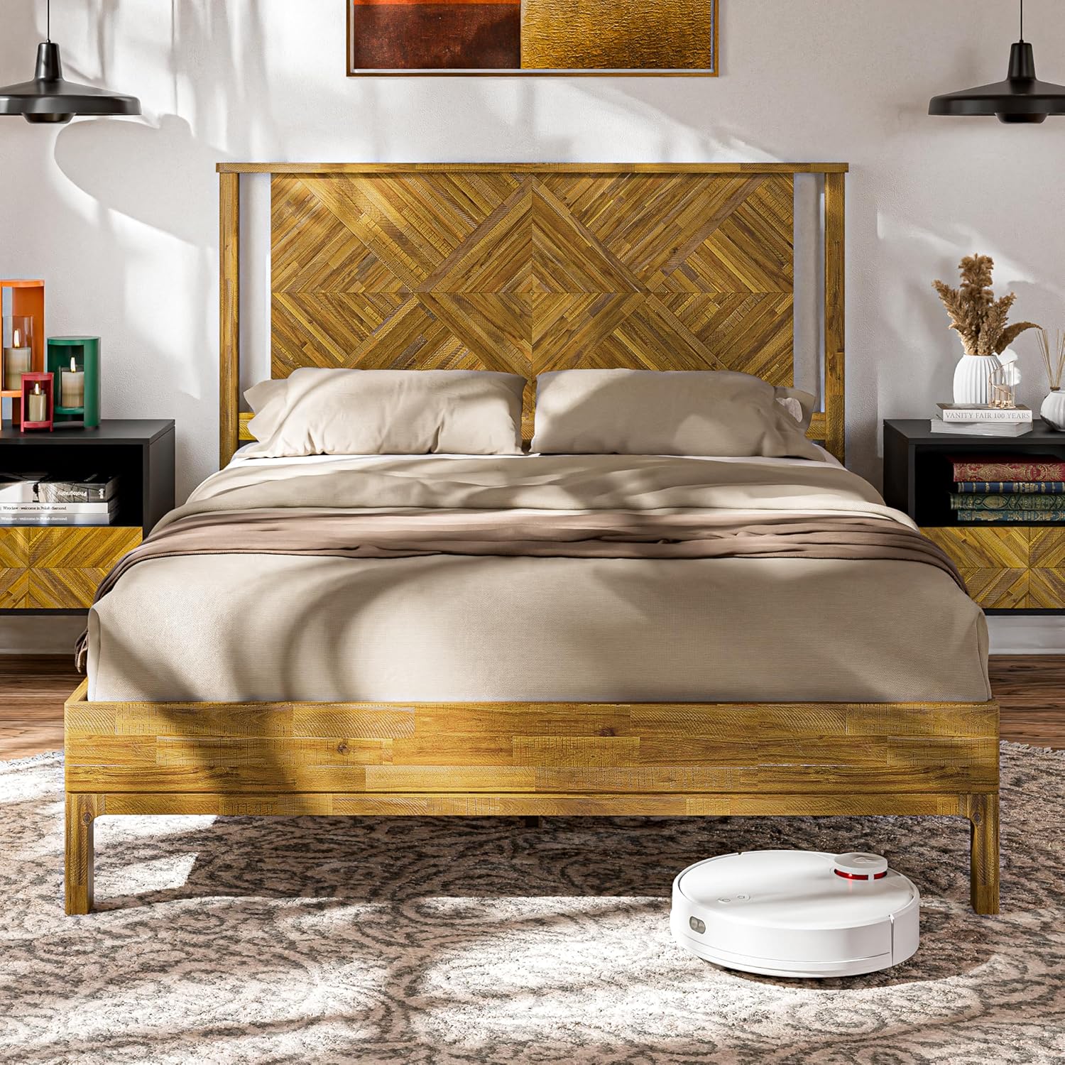 Bme Ethan Solid Wood Queen Bed Frame with Diamond Headboard - Rustic & Mid-century Modern - Acacia Wood Platform Bed - Compatible with All Mattresses - No Box Spring Needed - Rustic Brown