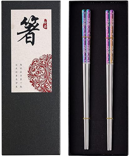 Greatamzor Metal Chopsticks, Reusable Dazzling Rainbow Stainless Steel, Titanium Plated, Non-slip, Dishwasher Safe, Eco-friendly, 2 Pairs Gift Set - Rainbow silver