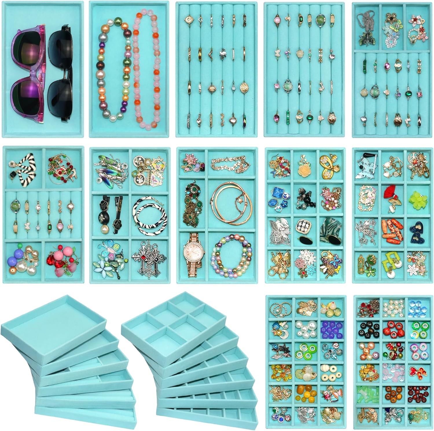 12 Set Jewelry Trays Organizer Stackable Jewelryy Display Case Storage Box for Earring Necklace Rings Bracelet Watch
