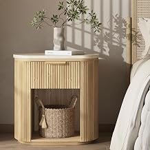 MECHYIN Fluted Nightstand, Bed Side Table Oval Night Stands with Faux Marble Top, Round Farmhouse Accent End Table with Storage Drawer & Shelf for Bedroom Living Room Office Dorm Sofa Couch Recliner