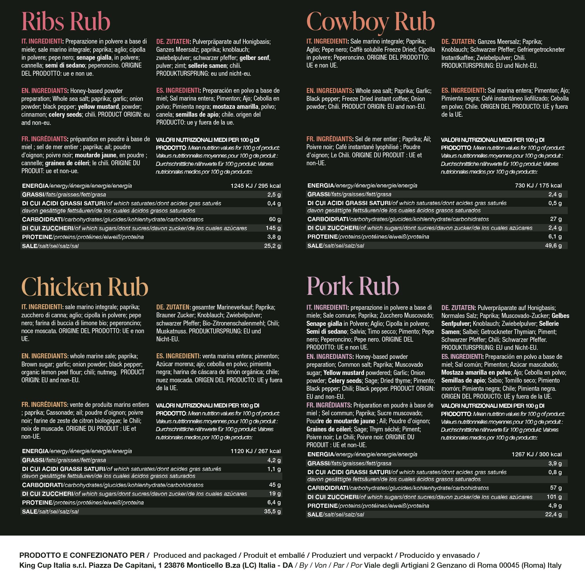 BBQ KING - Multi Pack Pitmaster Rub per Barbecue, 4 Confezioni da 215/250 Gr di Dry Rub Bbq, Miscela di Spezie 100% Made in Italy, 1 x Chicken Rub, 1 x Pork Rub, 1 x Ribs Rub e 1 x Cowboy Rub