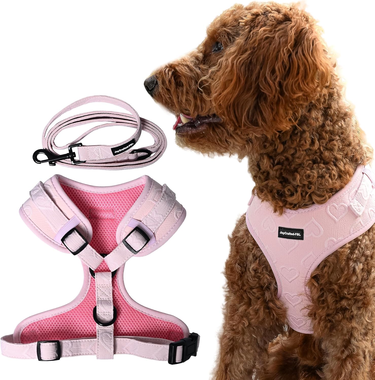 No Pull Harness and Leash Set – No Choke Neoprene Dog Harness for Large Dogs (40–60 lbs) – Pink - L, Lightweight Breathable Mesh with Unique Heart Pattern, Adjustable Fit