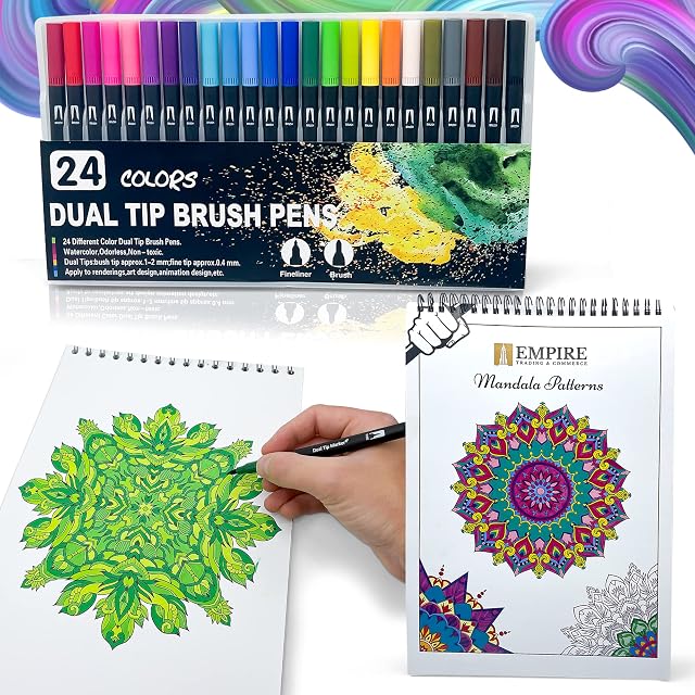 Empire Dual Tip Brush Pens, 24 Colouring Pens with 15 Patterns Colouring Book, Felt Tip Brush Pens for Adults and Kids, Fineliner Drwaing Pens