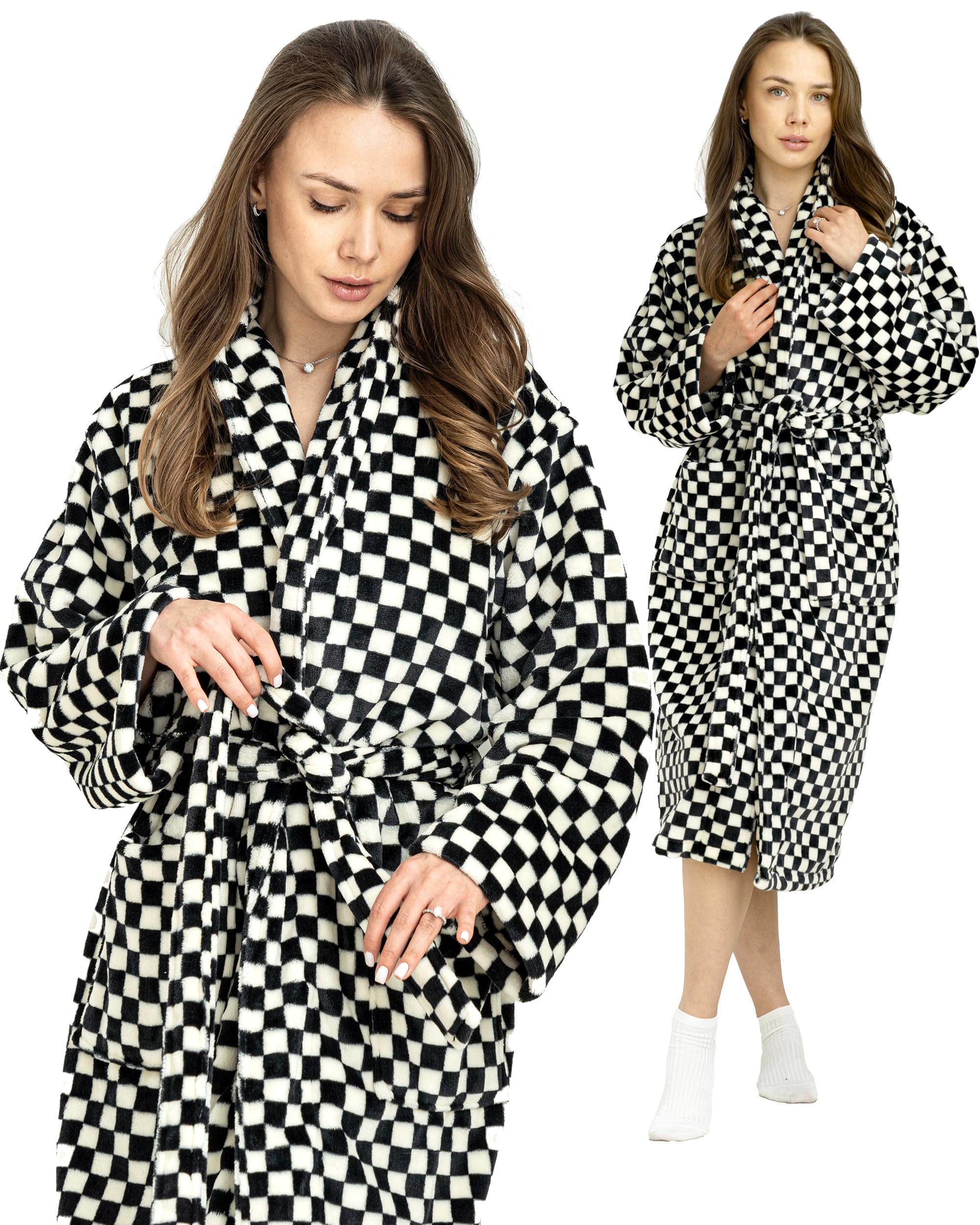 Fleece Robes Women Thick Plush Womens Robe Cozy Ladies Bathrobe Bath Robes Female Long & Soft, Christmas Black & White Robe