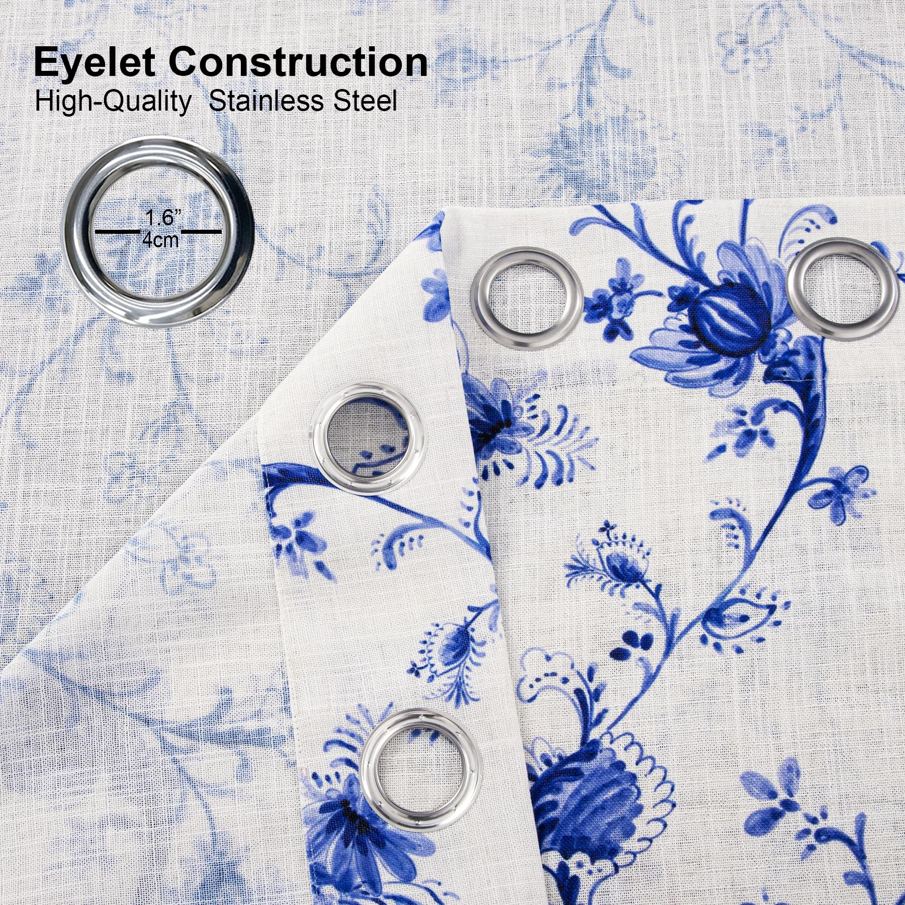 always4u Linen Look Curtains Semi-sheer Eyelet Printed Curtains Navy Blue Floral Window Treatments for Living Room Bedroom Decoration Modern Textured 1 Pair W46 x L54 Inches - Image 4