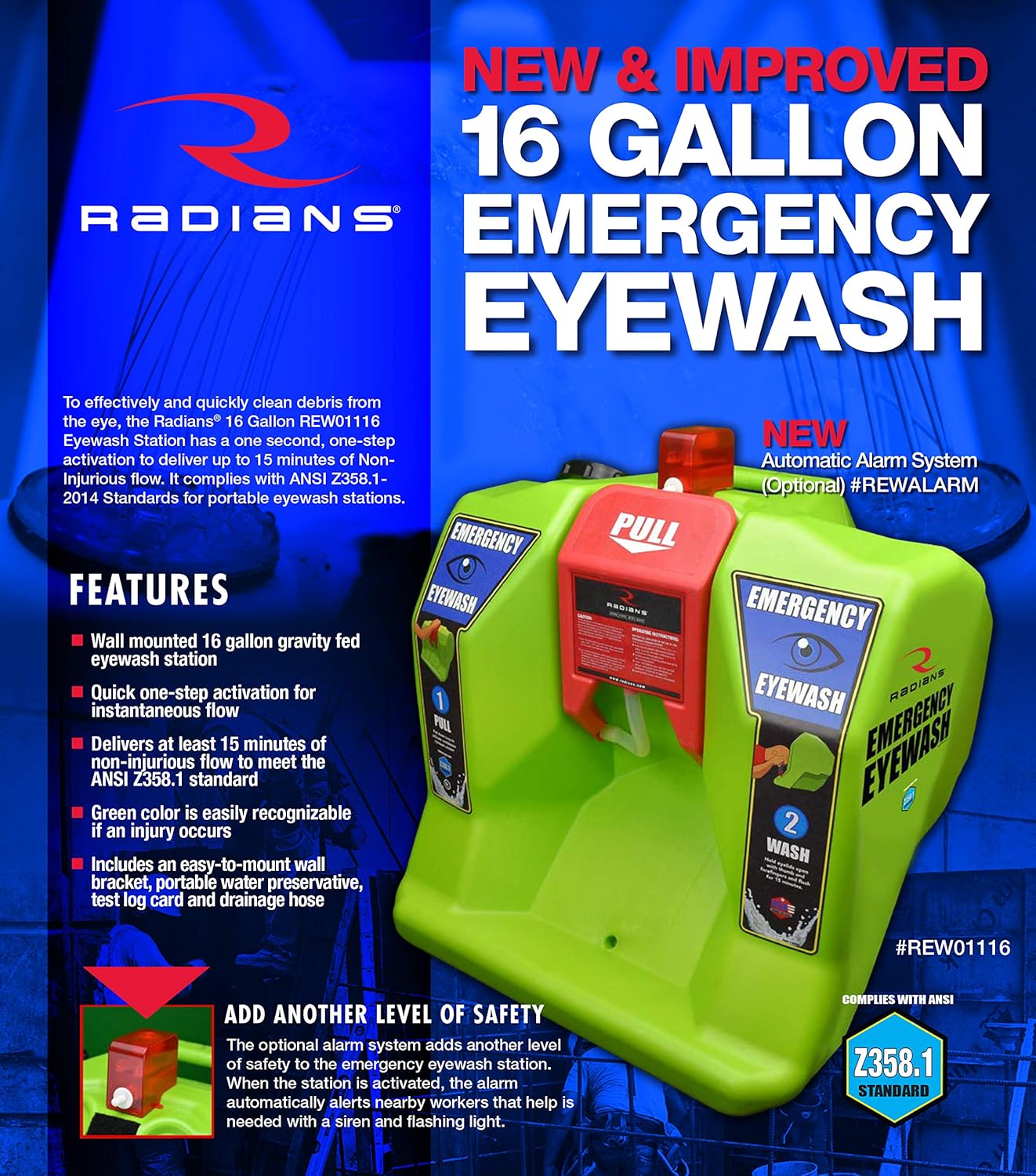 VisionAid Radians Emergency Eyewash Station REW01116, Hi-Viz Green, 16 gallon : Industrial & Scientific