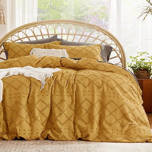 Bedsure Boho Duvet Cover Queen - Boho Bedding, Tufted Queen Duvet Cover for All Seasons, 3 Pieces Embroidery Shabby Chic Home Bedding Duvet Cover Set (Mustard Yellow, Queen, 90x90)