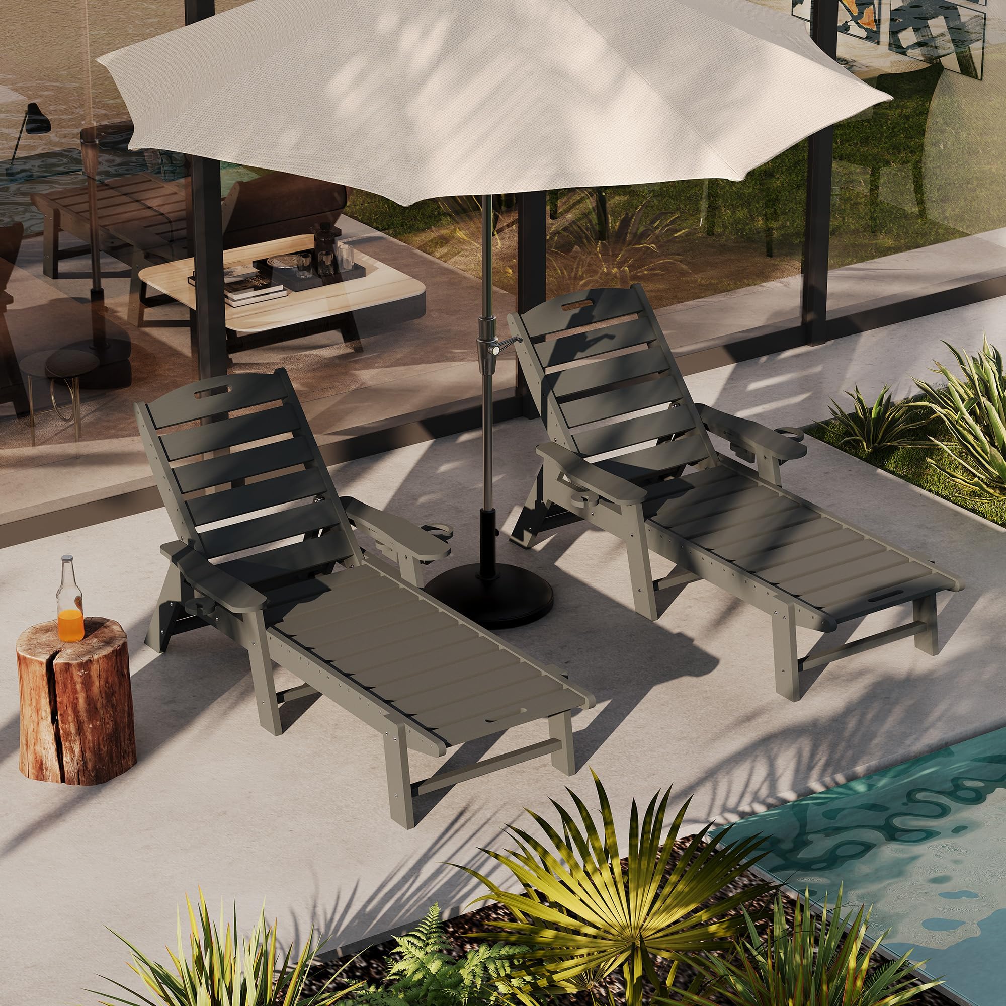 Garvee 2er Set Sonnenliege Gartenliege wetterfest aus HDPE, 5-Stufen verstellbare Rückenlehne, Relaxliege mit Getränkehalter, Belastbar bis 204kg, UV-beständig, Wartungsfrei, Grau