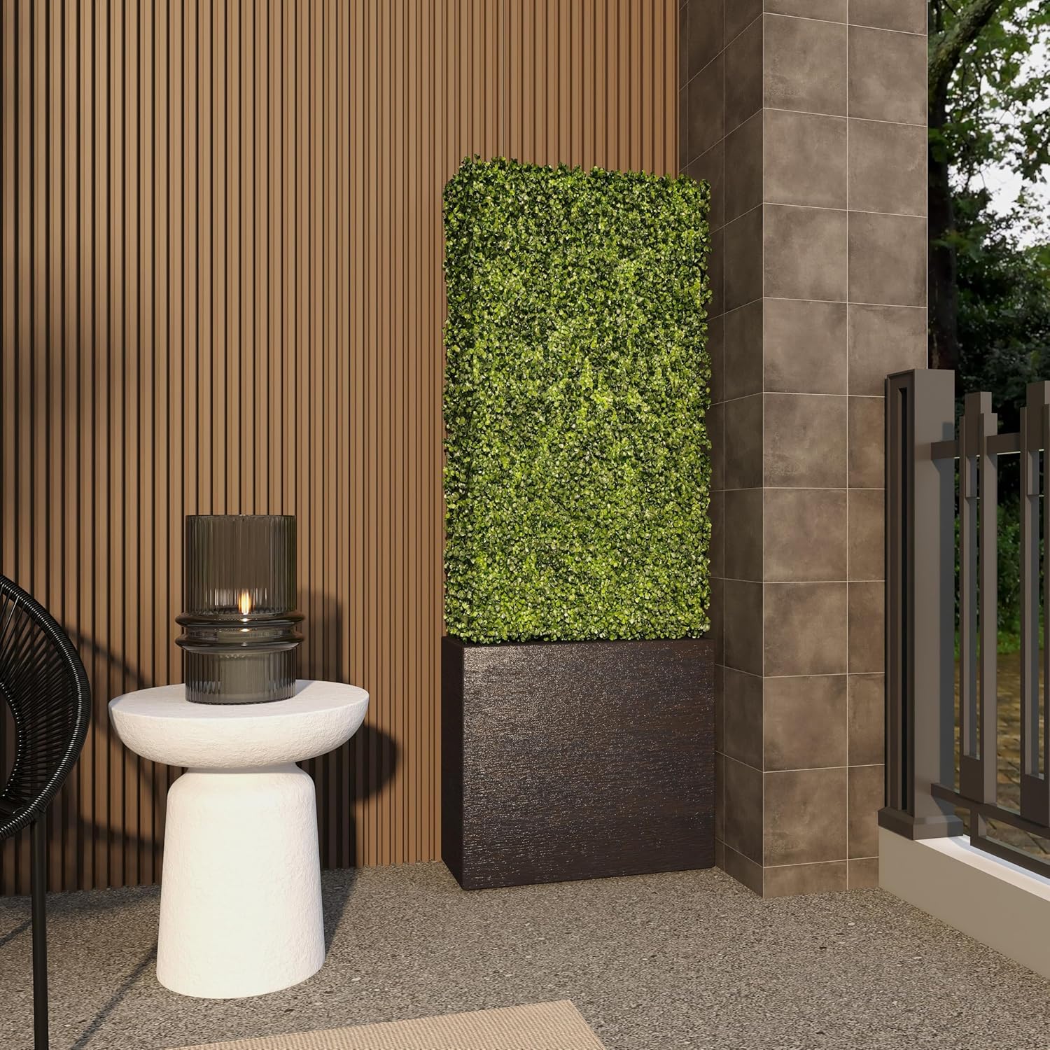 Green Plastic Boxwood Hedge Topiary with Black Planter Box