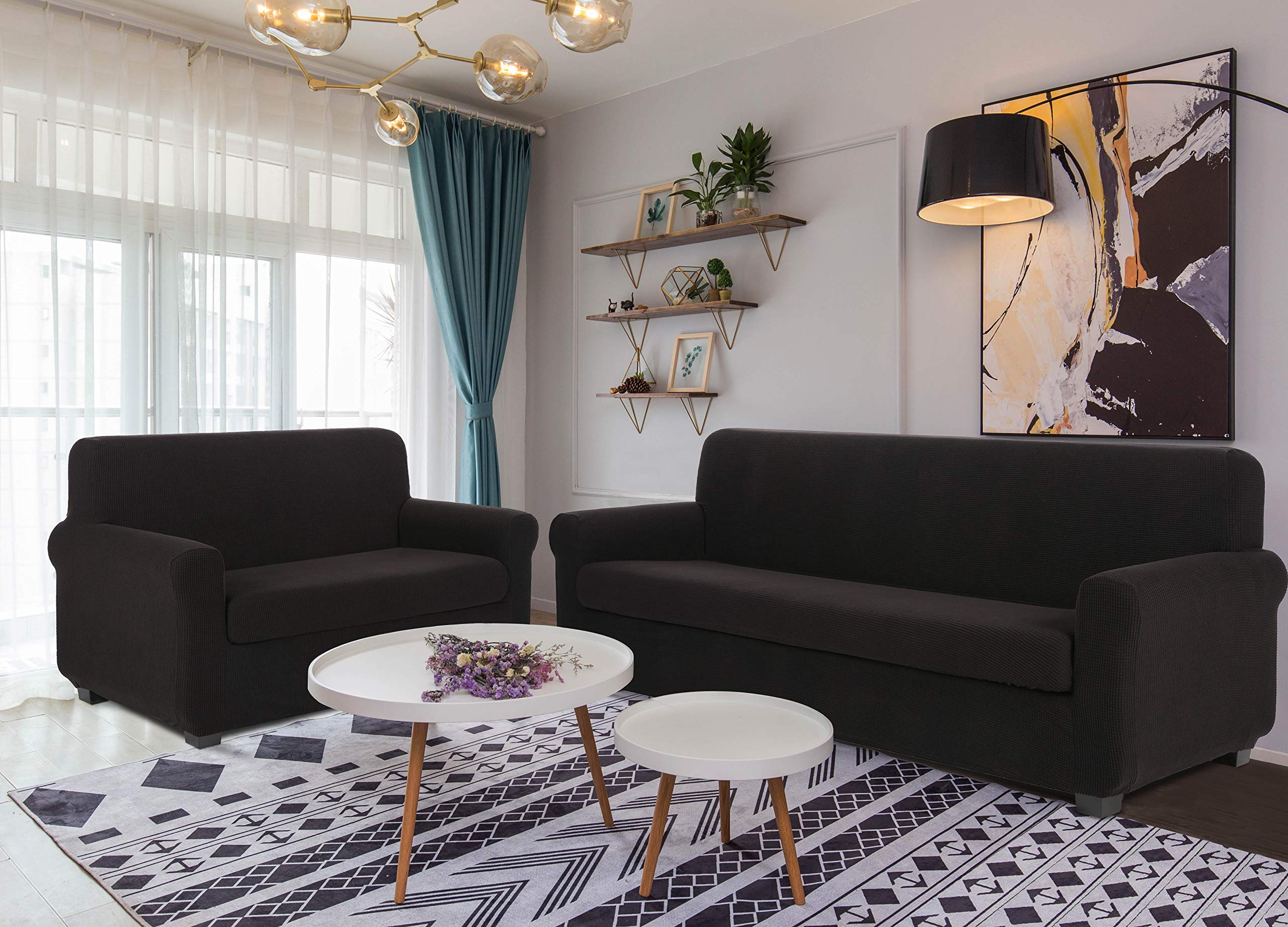 TIANSHU Fodera per Poltrona, Copri Poltrona 3 Posti Elasticizzato Jacquard Antiscivolo Copertura Poltrona Fodere Copridivani Contiene 1 copridivano e 1 coprisedile divano (3 Posti, Nero)