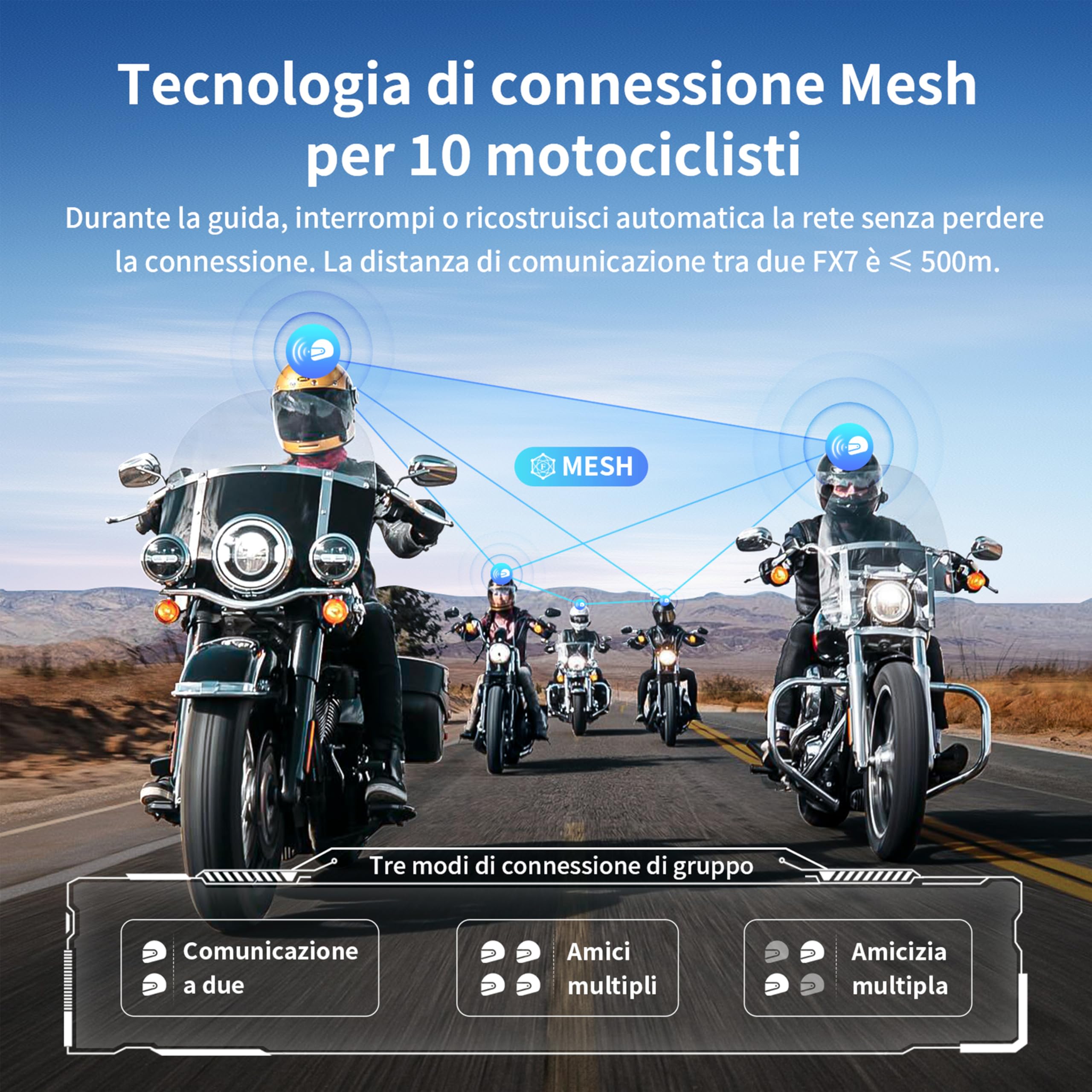 Fodsports FX7 Interfono Moto Coppia, Interfono Mesh da 2000 M per 10 Motociclisti, Auricolari per Casco con Dual V5.4 Bluetooth Chip, Auricolare Casco Moto con Condivisione Musicale, Radio FM, 2 Pezzi