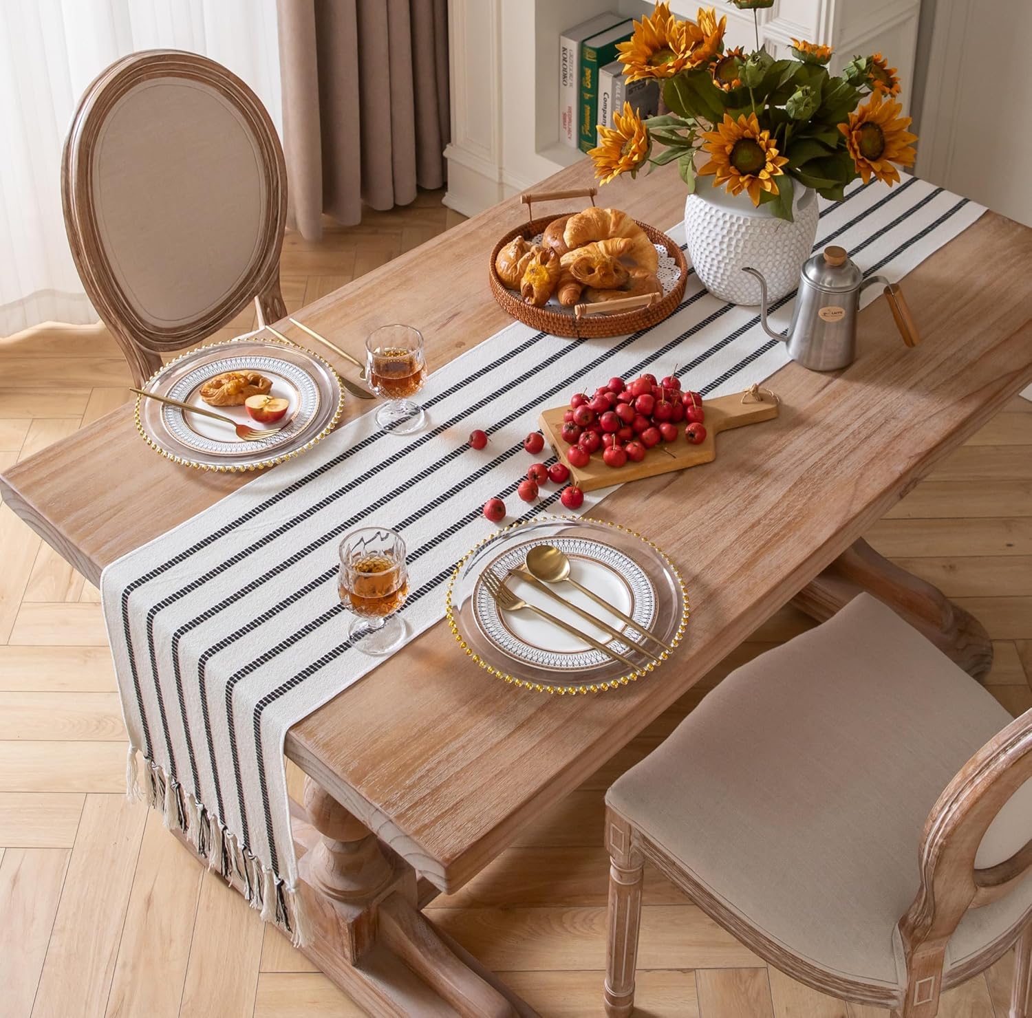 Caflife Boho Table Runner 108 Inchs Long Black and Beige, Cotton and Linen Woven with Tassels, for Modern Rustic Farmhouse Neutral Table Runners, Bohemian Kitchen Dining Table Home Decor