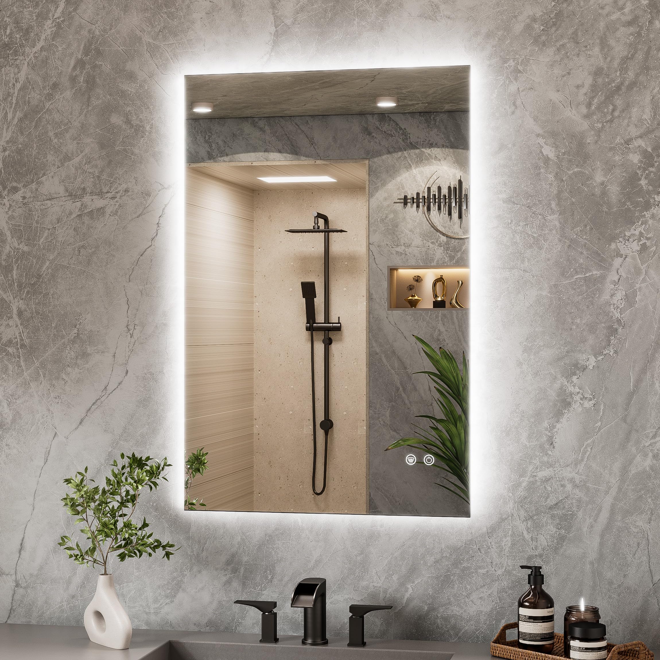 TETOTE 60x90cm Bathroom Mirror with LED Light, Rechargeable Illuminated Vanity Mirror with Backlit Light, Multifunction Smart Bathroom Mirror, Anti-Fog Wall Mounted Mirror, 3 Colors Dimmable