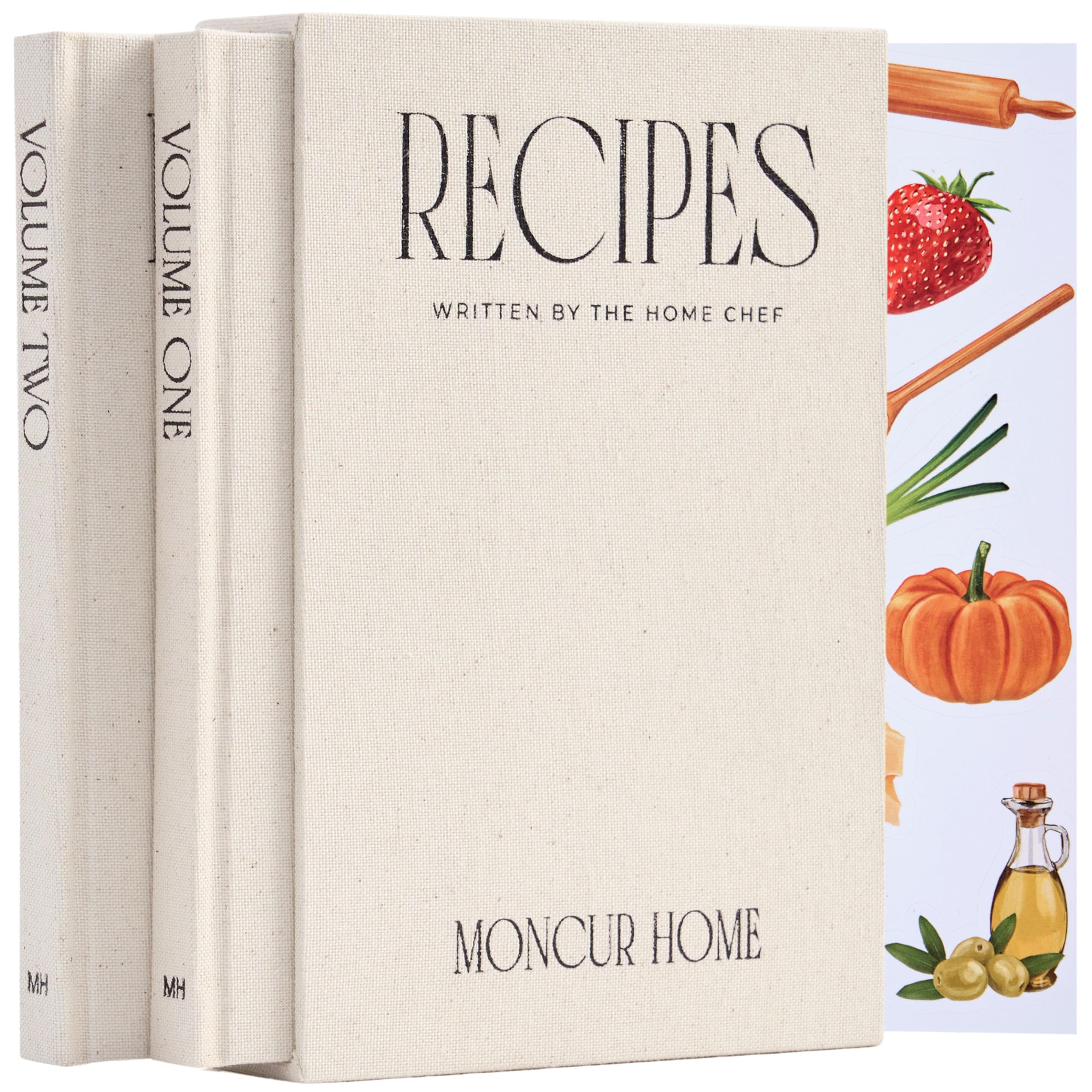 Moncur Home Juego de 2 libros de recetas en blanco para escribir en tus propias recetas, caja de recetas de lino beige, hojas adhesivas, cuaderno de recetas, libro de cocina, diario de recetas,