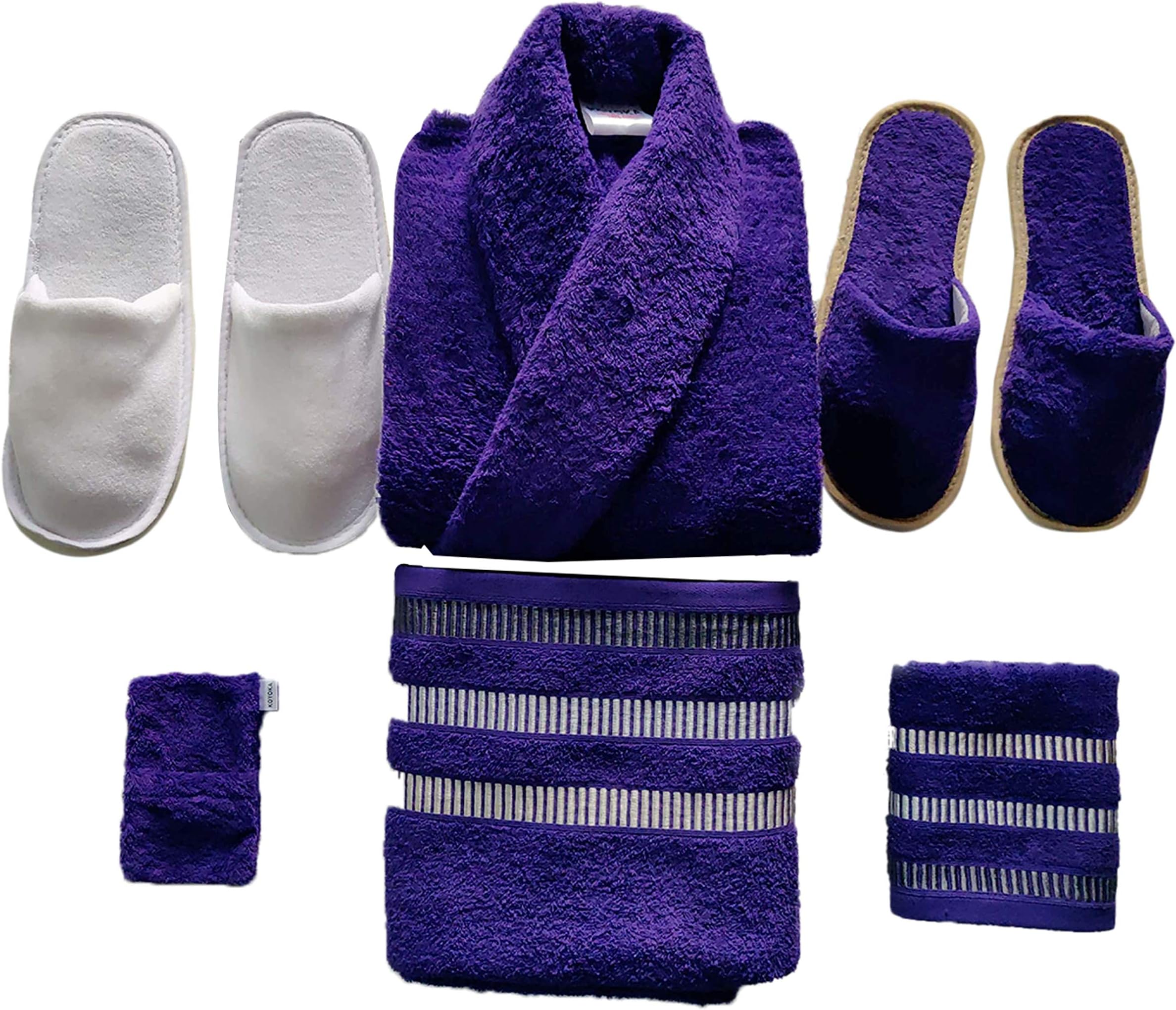KOYOKA Rock Daniel 6 Pieces Luxury Bathrobe Set (1 Bathrobe, 1 Big Towels, 1 Hand Towels, 1 Slippers, 1 Soap Pouches & 1 Slipper Free) - Purple, Free Size