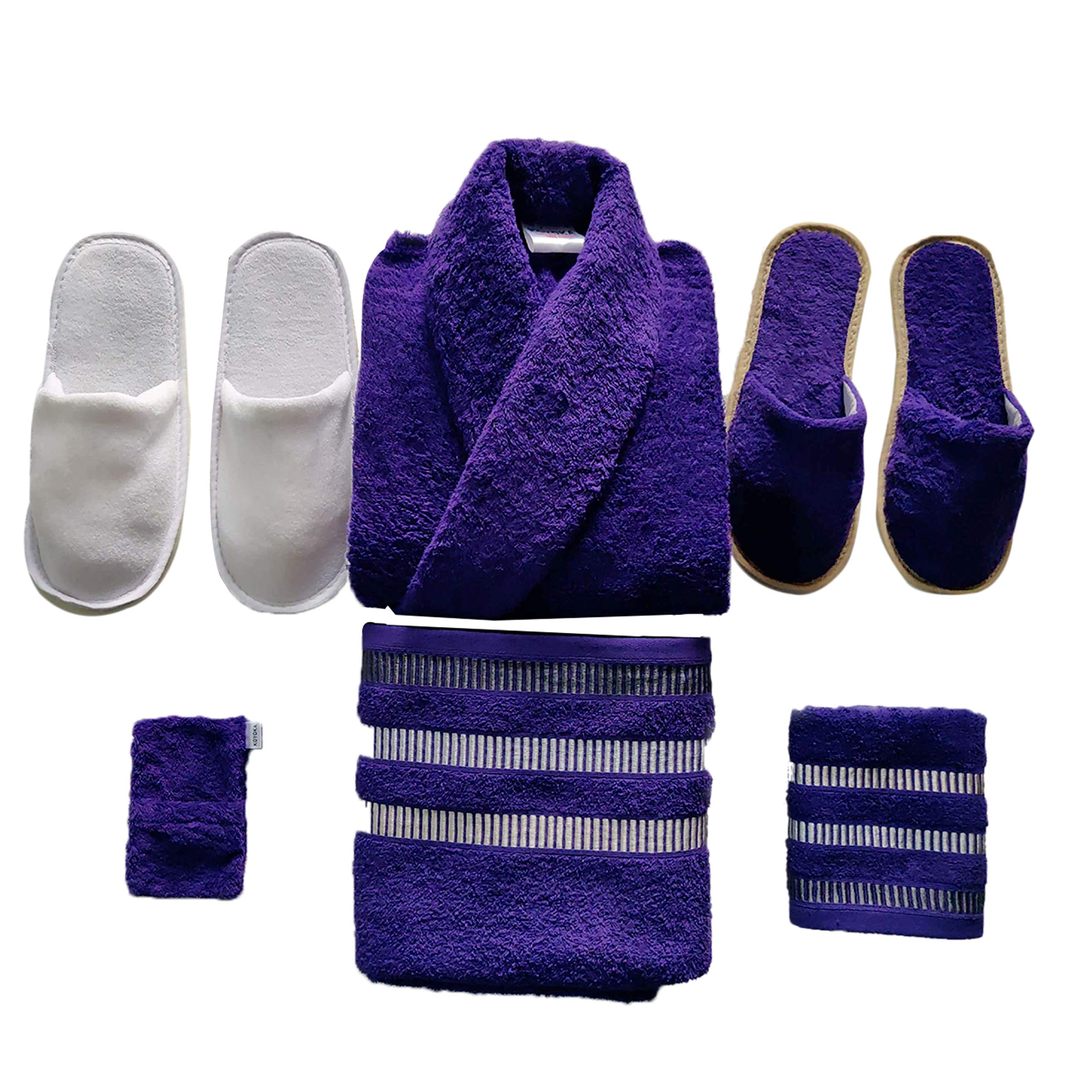 KOYOKA Rock Daniel 6 Pieces Luxury Bathrobe Set (1 Bathrobe, 1 Big Towels, 1 Hand Towels, 1 Slippers, 1 Soap Pouches & 1 Slipper Free) - Purple, Free Size