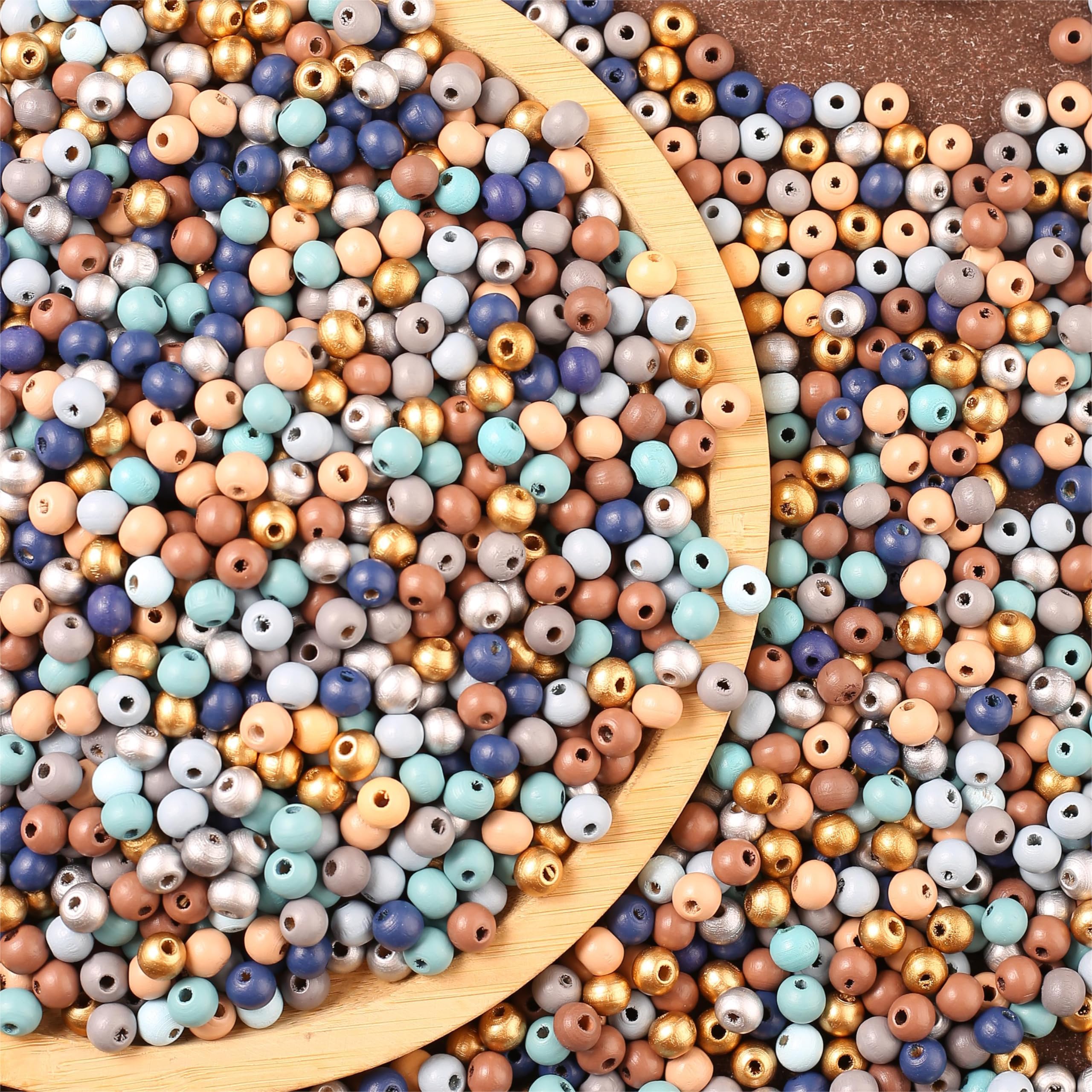 ToBeIT 1000pcs Wooden Beads Wood Macrame Bead Farmhouse Colors Round Beads for DIY Craft, Jewelry Making (bluegold-8mm)