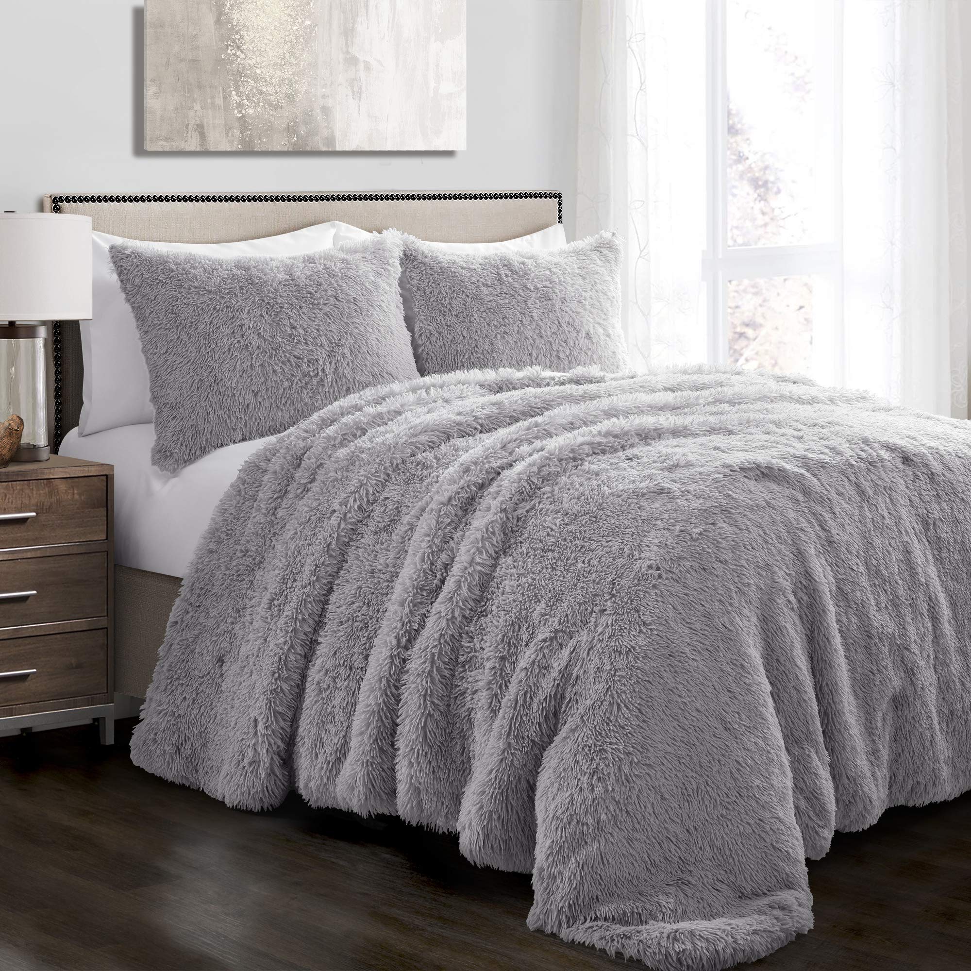 Lush Decor Emma Soft Fluffy Faux Fur Kids College Dorm Oversized Comforter Set, Full/Queen, Light Gray - Warm Plush 3 Piece Bedding Set