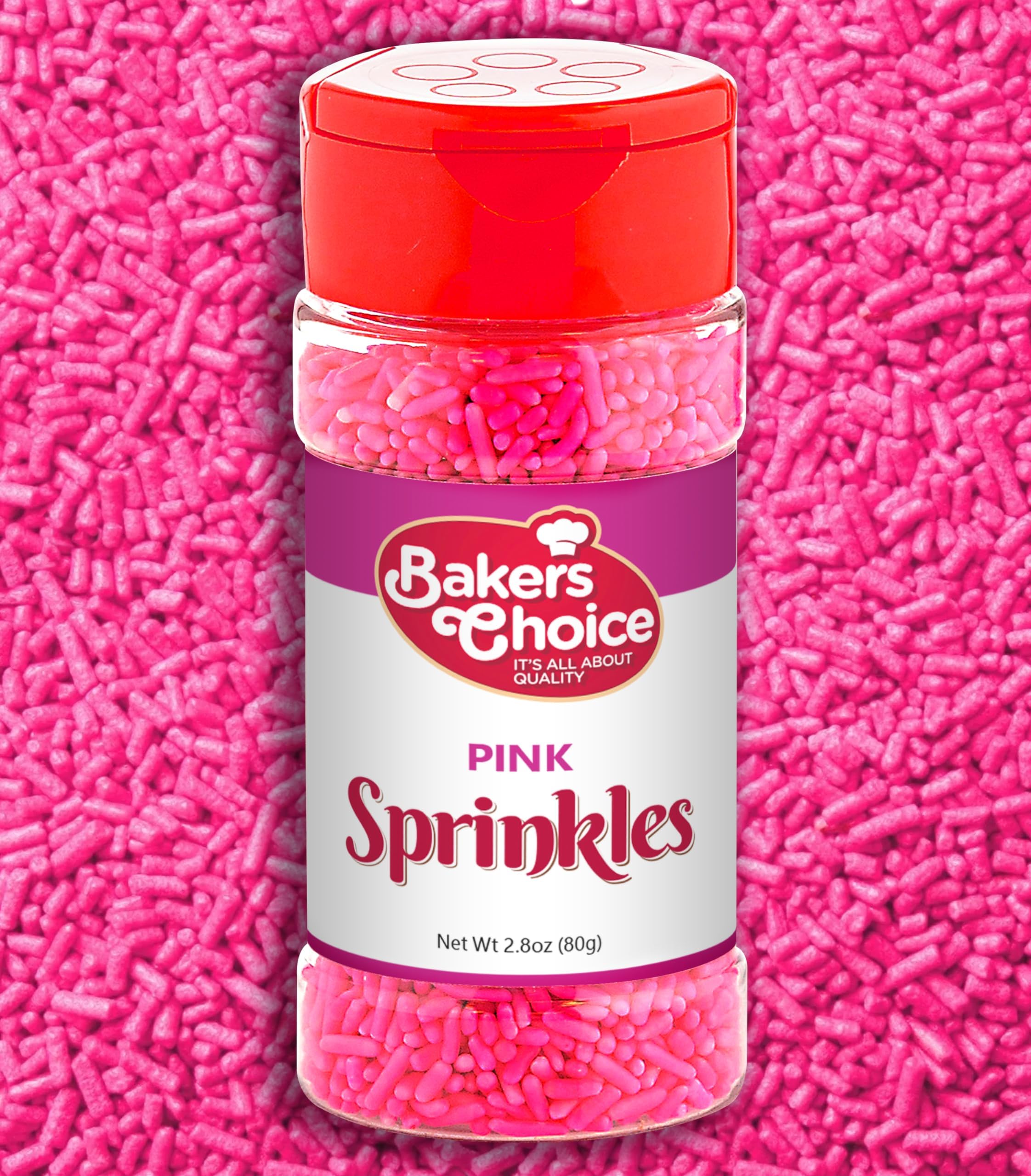 Bakers Choice Pink Sprinkles for Baking - Jimmies Sprinkles for Ice Cream Toppings - Dairy Free, Kosher 2.8 oz