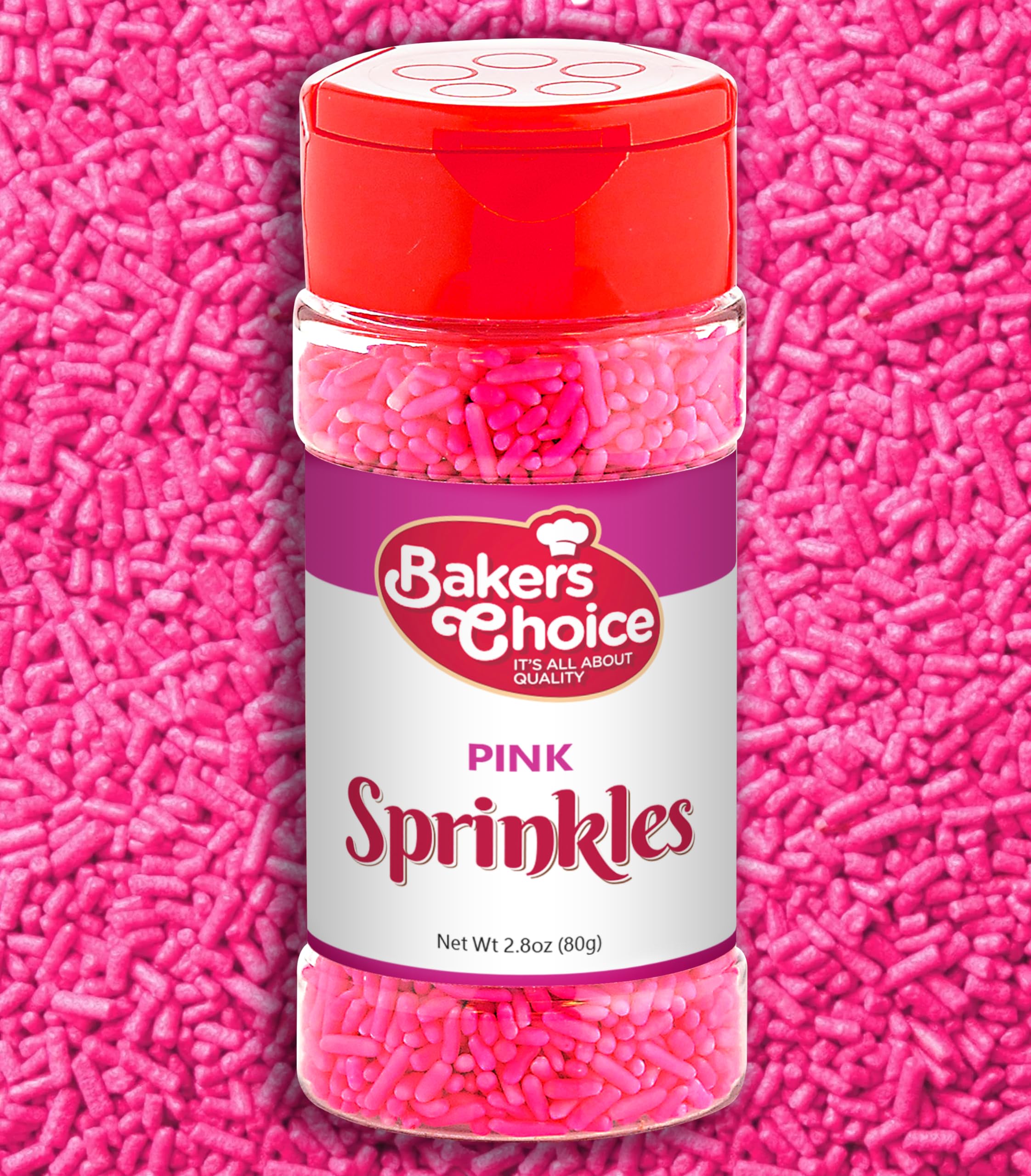 Bakers Choice Pink Sprinkles for Baking - Jimmies Sprinkles for Ice Cream Toppings - Dairy Free, Kosher 2.8 oz