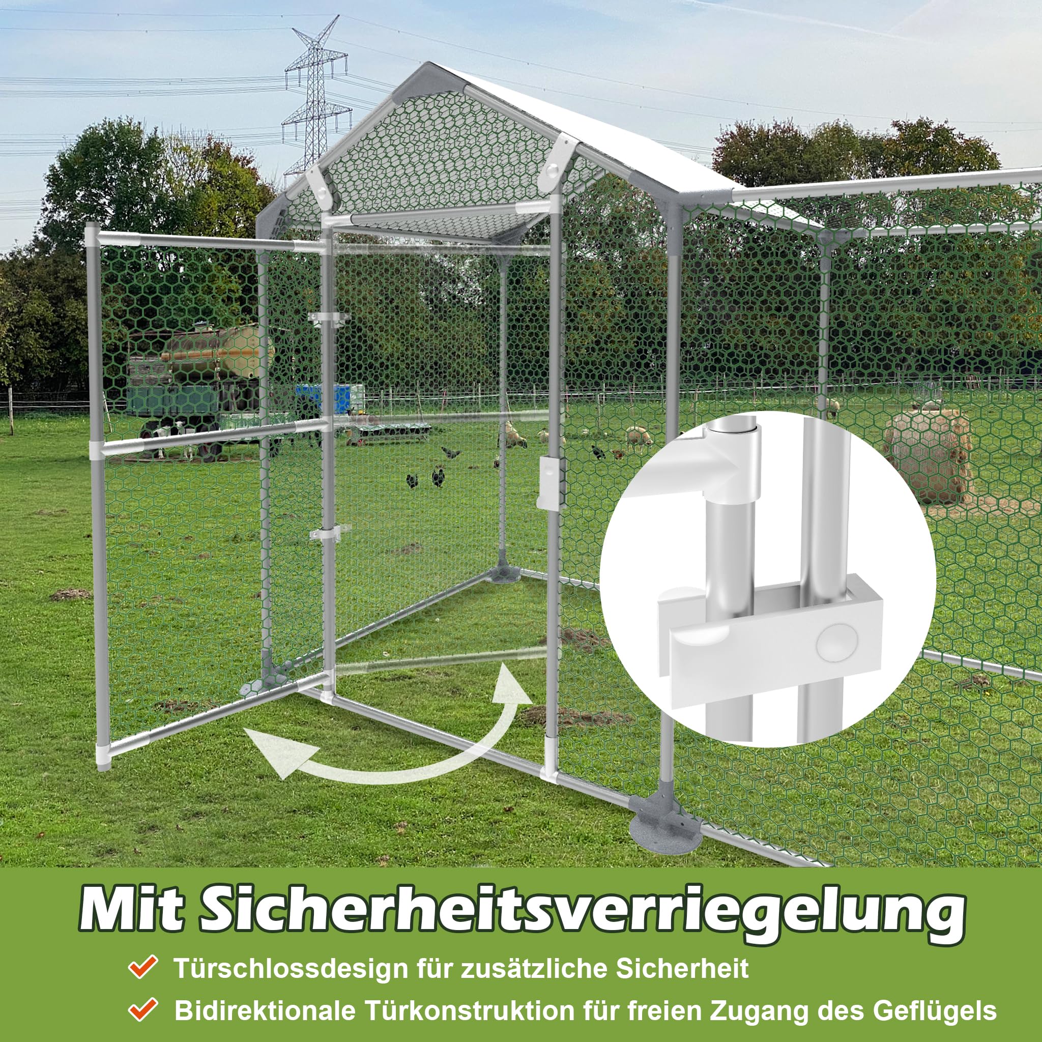 LARS360 Gallinero de acero galvanizado, 2 x 1 x 1,5 m con protección solar, jaula estable para gallinas con puerta con cerradura, cercado para aves de corral para pollos, patos y gansos